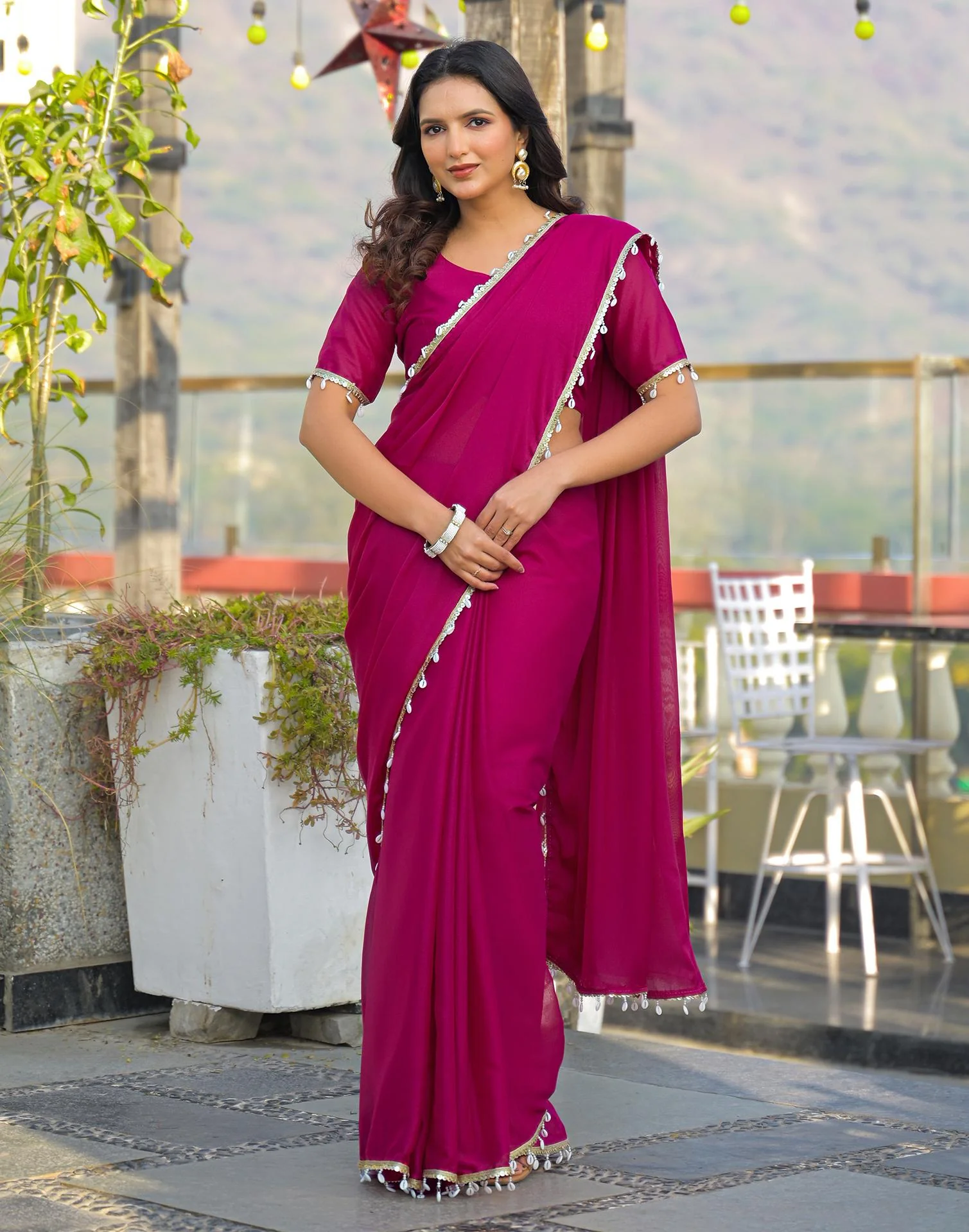 Rani Pink Shimmer Lace Saree - Image 7