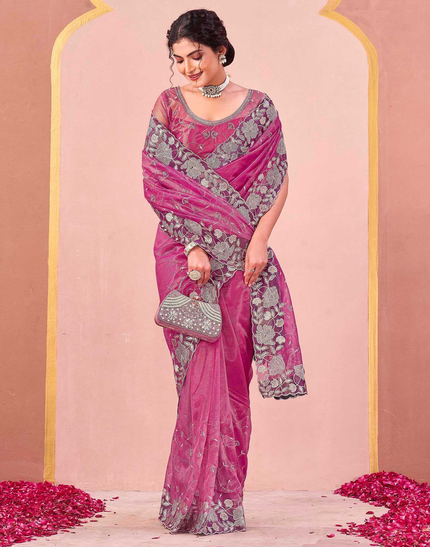 Rani Pink Shimmer Net Embroidery Saree - Image 5