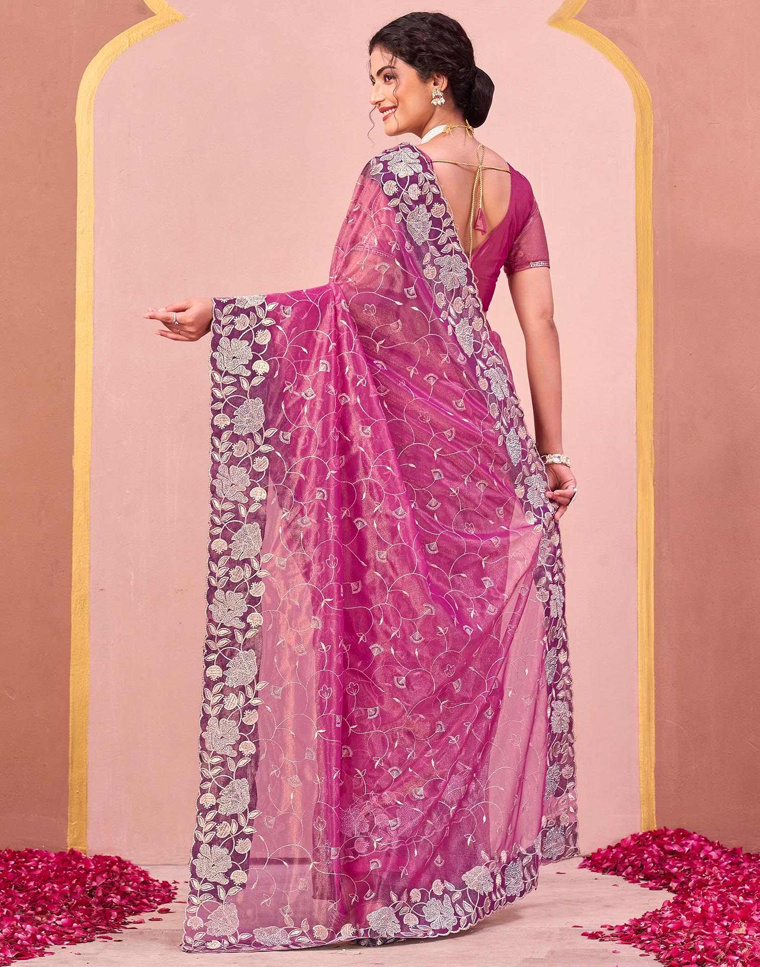 Rani Pink Shimmer Net Embroidery Saree - Image 6