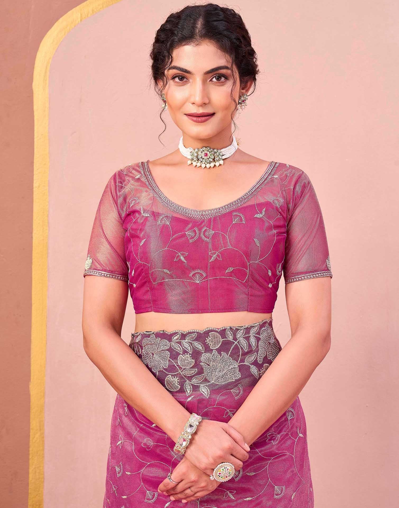 Rani Pink Shimmer Net Embroidery Saree - Image 7