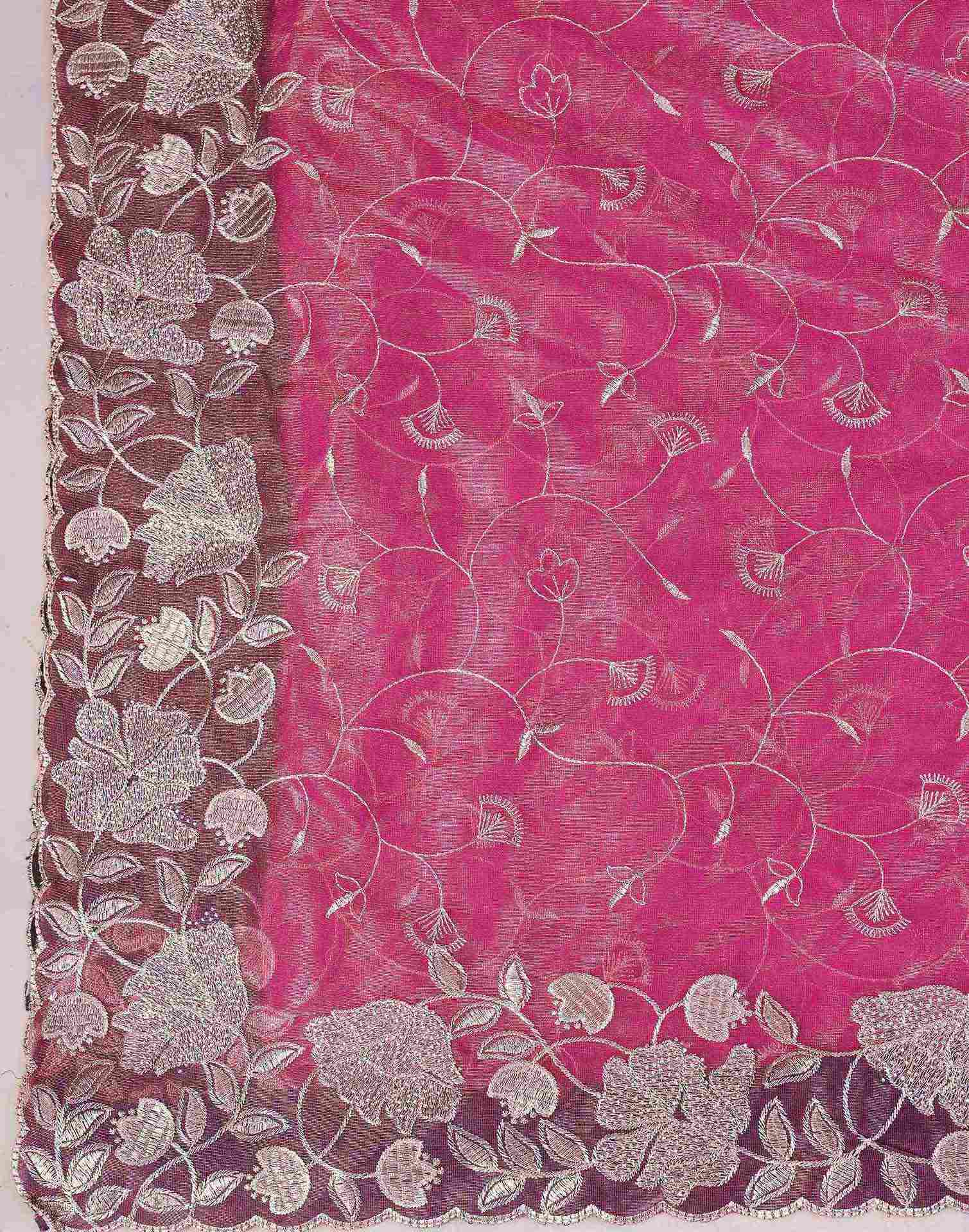 Rani Pink Shimmer Net Embroidery Saree - Image 8