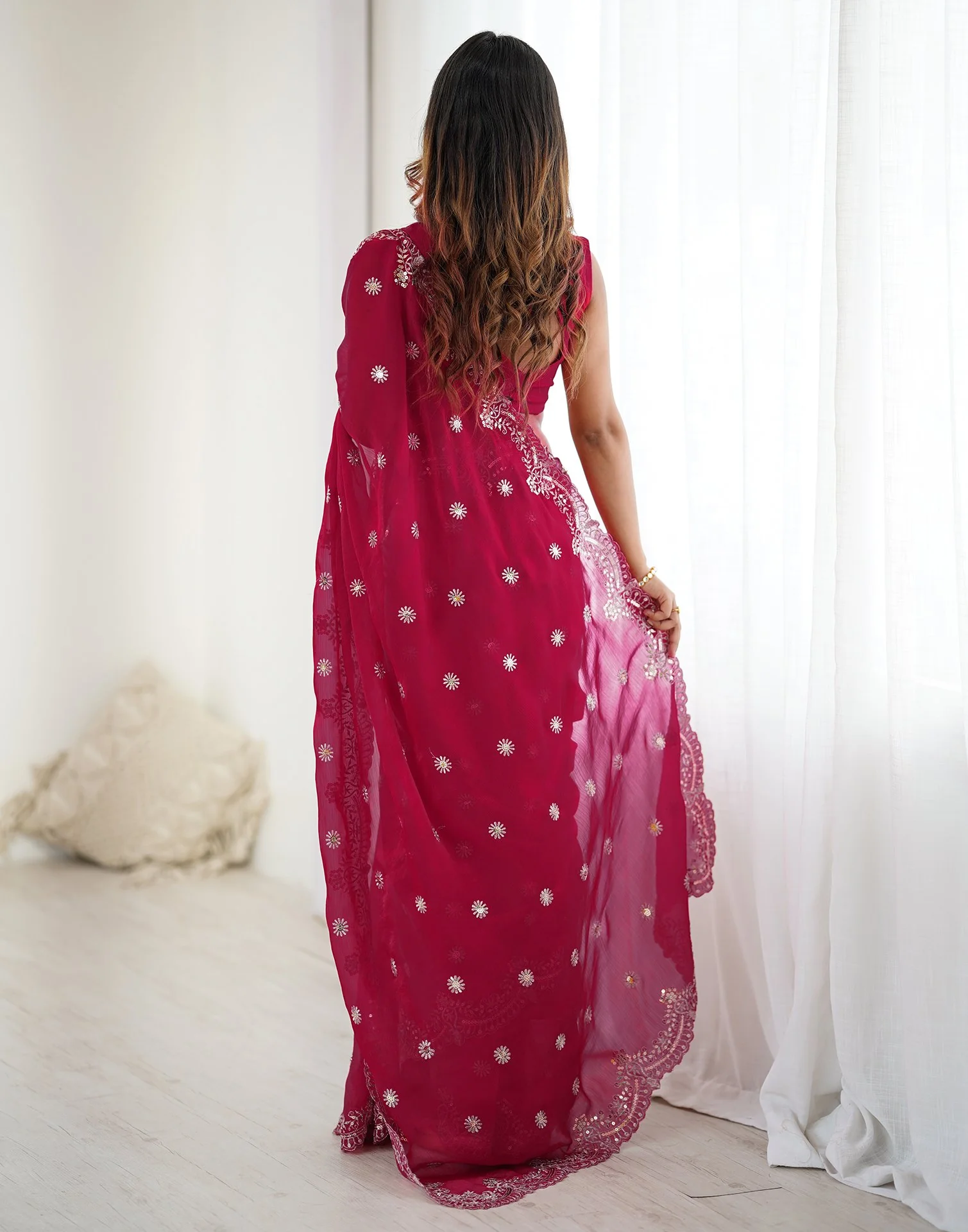 Rani Pink Shimmer Sequence Embroidery Saree - Image 6