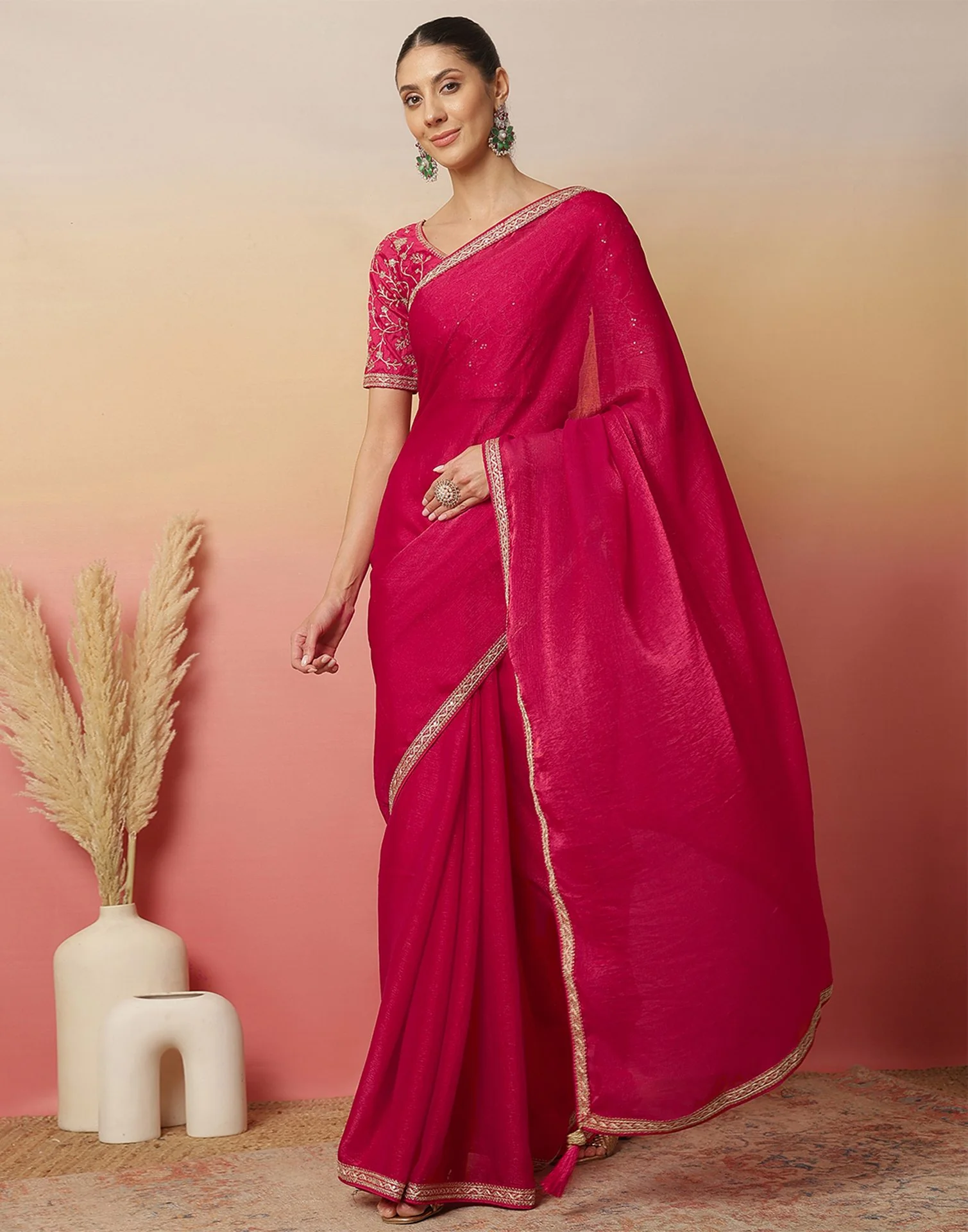 Rani Pink Shimmer Sequence Lace Saree - Image 5
