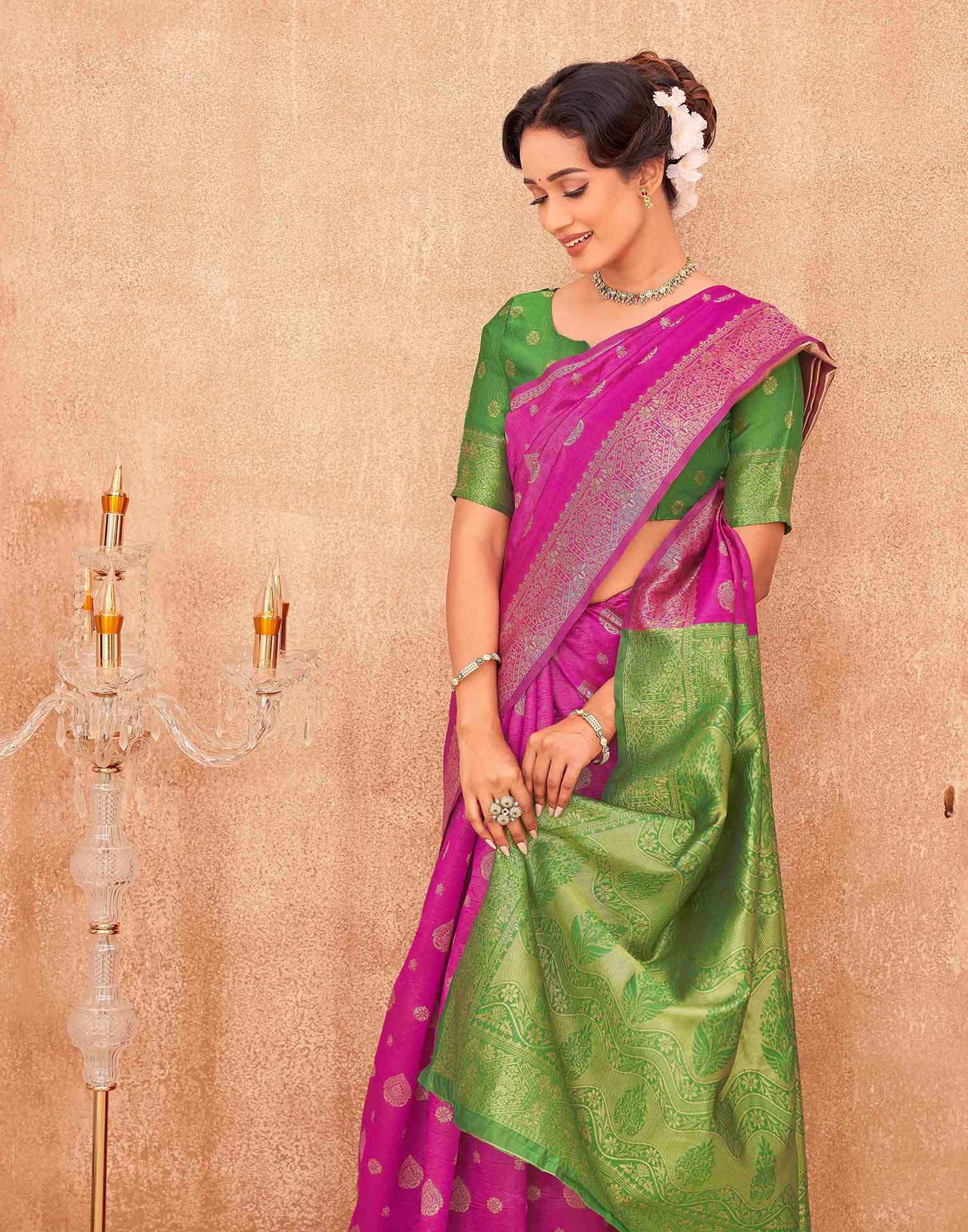 Rani Pink Shimmer Silk Woven Banarasi Saree - Image 2