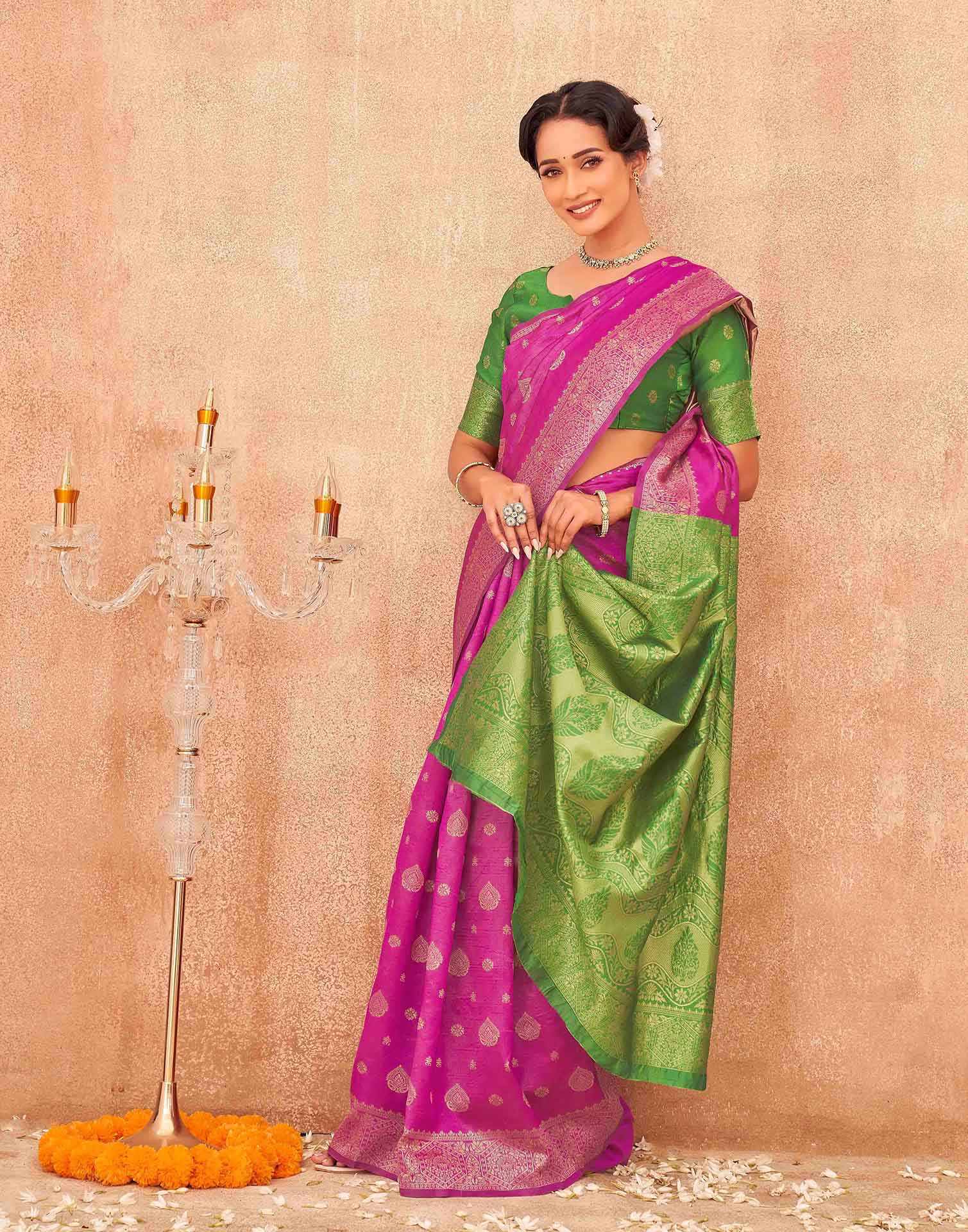 Rani Pink Shimmer Silk Woven Banarasi Saree - Image 5