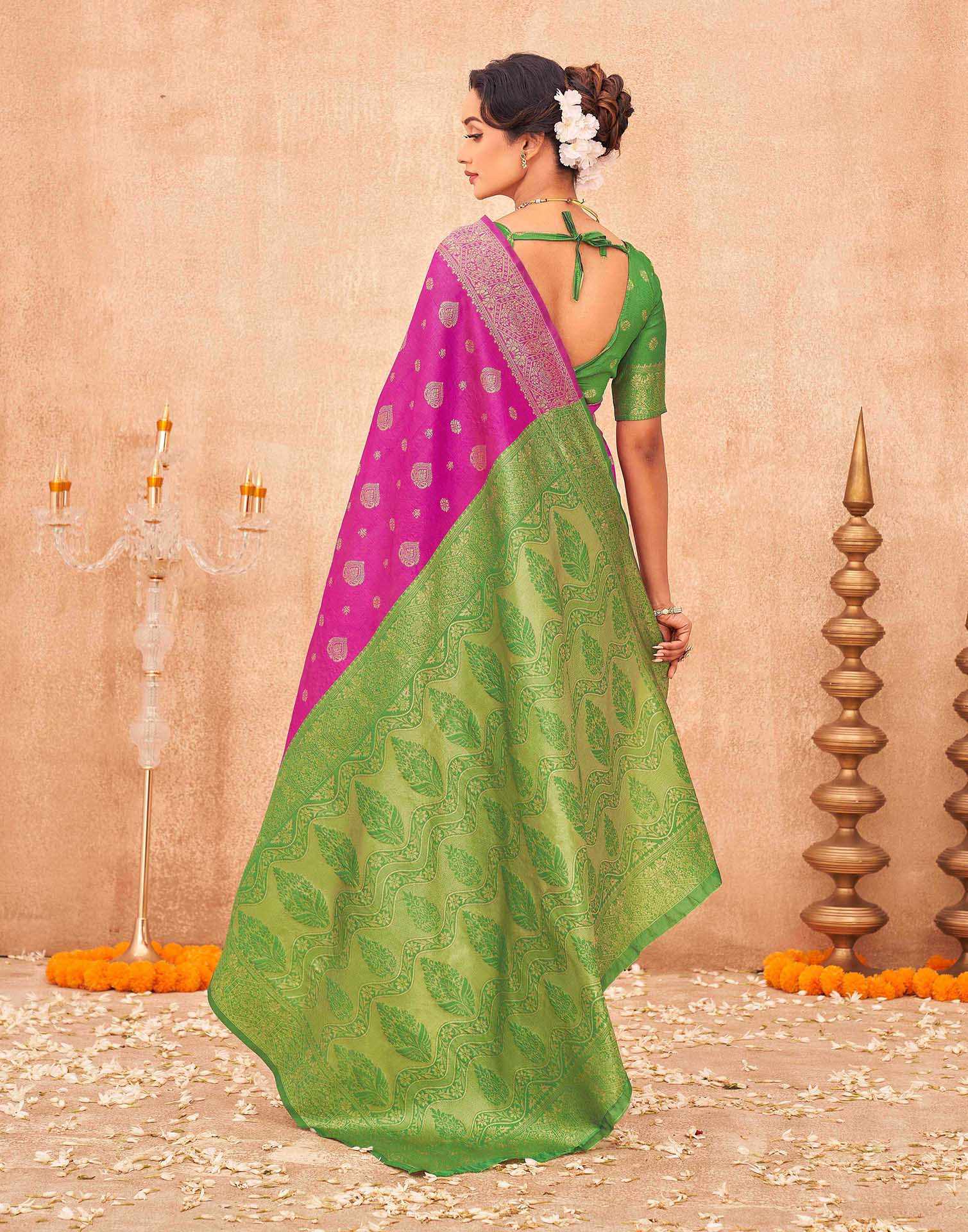 Rani Pink Shimmer Silk Woven Banarasi Saree - Image 6