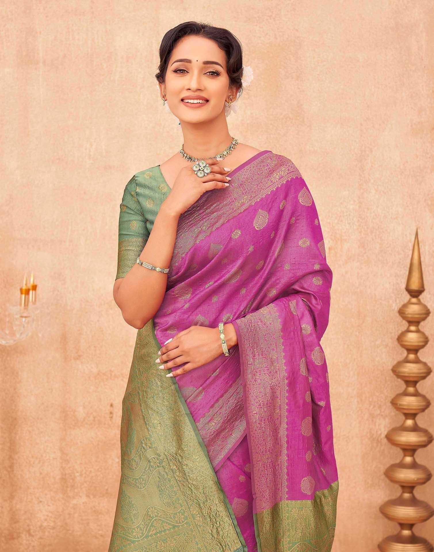 Rani Pink Shimmer Silk Woven Banarasi Saree - Image 2