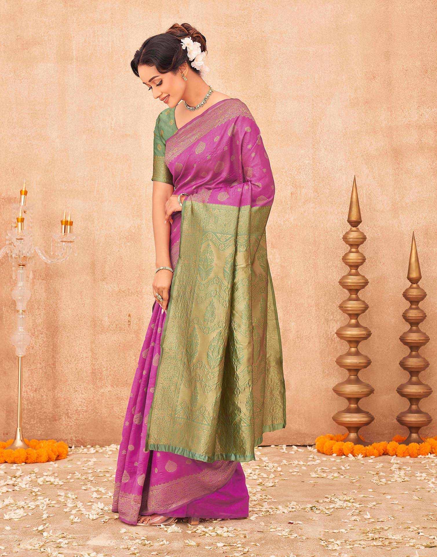 Rani Pink Shimmer Silk Woven Banarasi Saree - Image 4