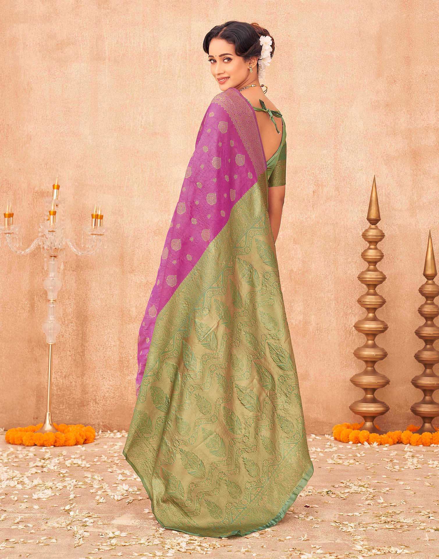 Rani Pink Shimmer Silk Woven Banarasi Saree - Image 6