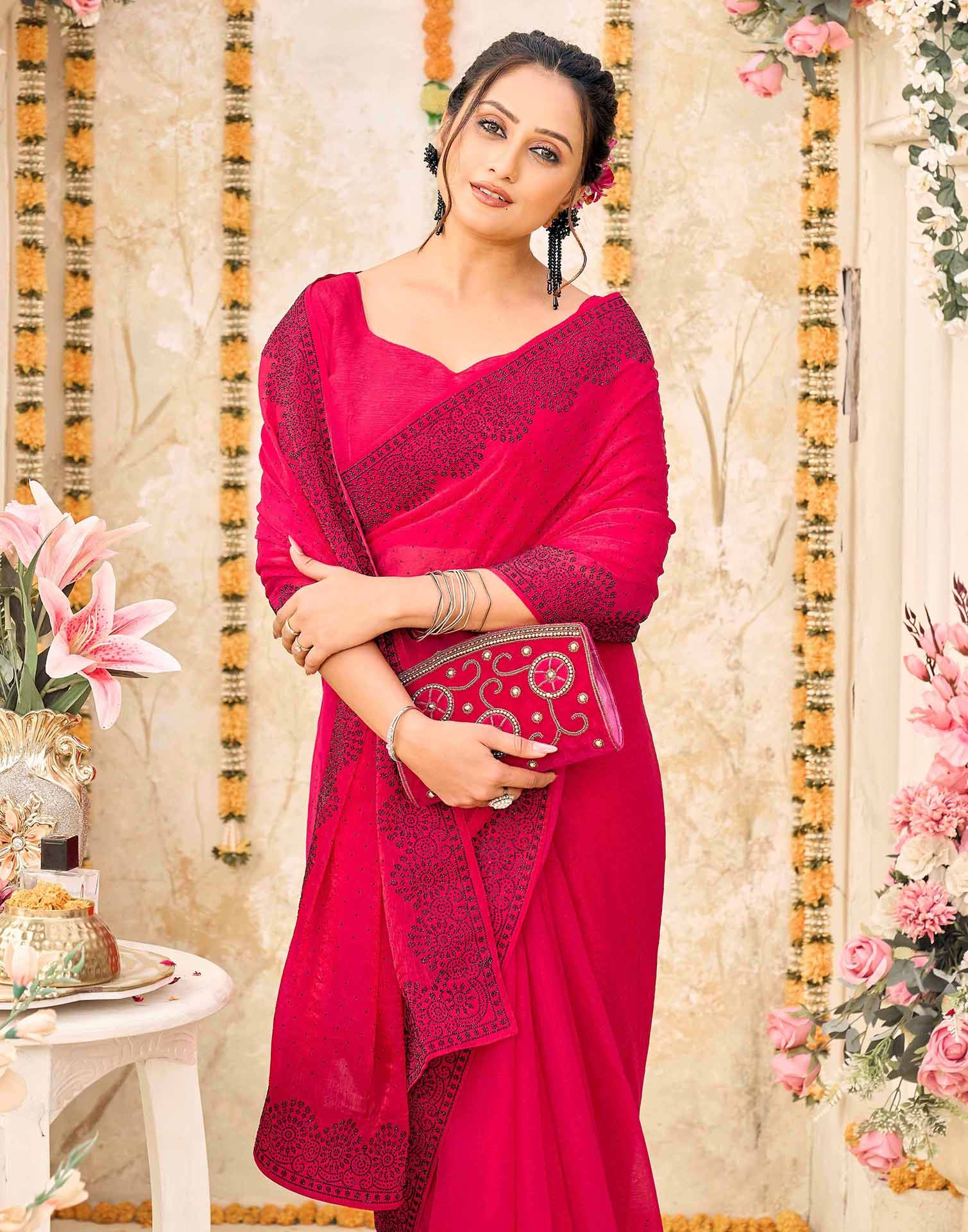 Rani Pink Shimmer Stone Work Swarovski Saree - Image 2