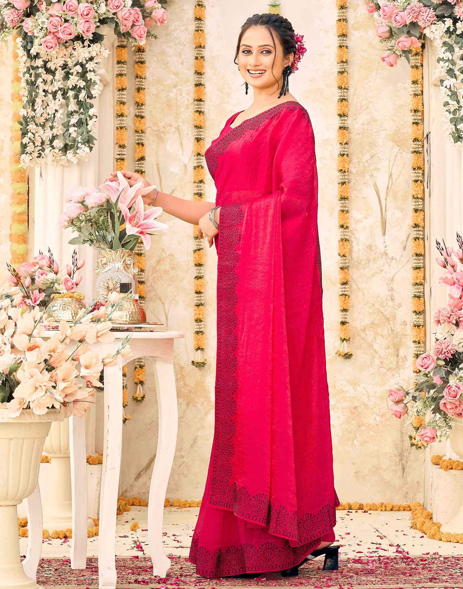Rani Pink Shimmer Stone Work Swarovski Saree - Image 4