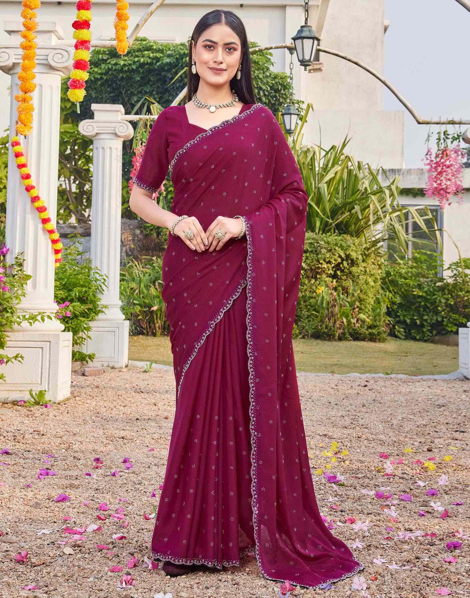 Rani Pink Shimmer Stone Work Swarovski Saree - Image 2