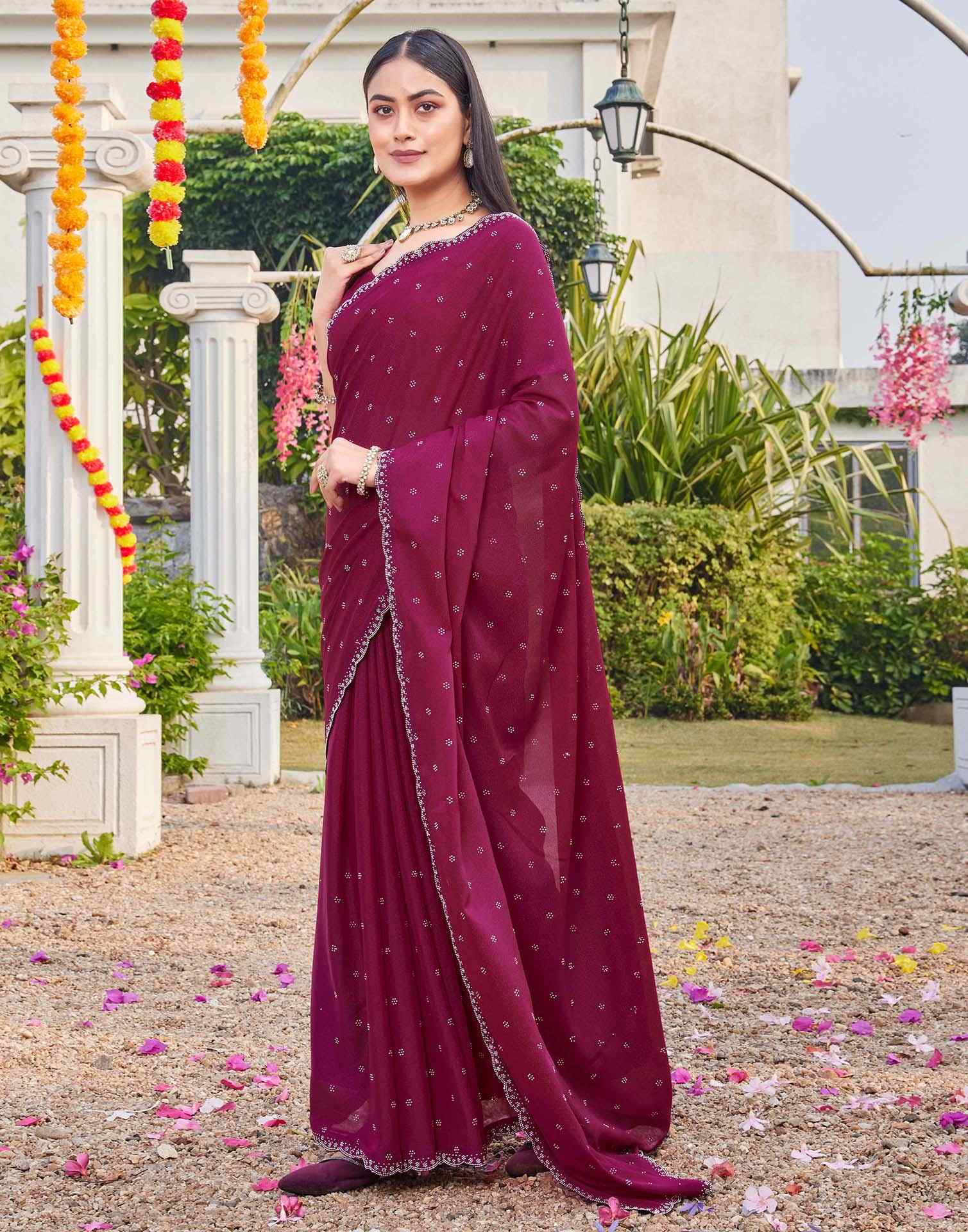 Rani Pink Shimmer Stone Work Swarovski Saree - Image 5