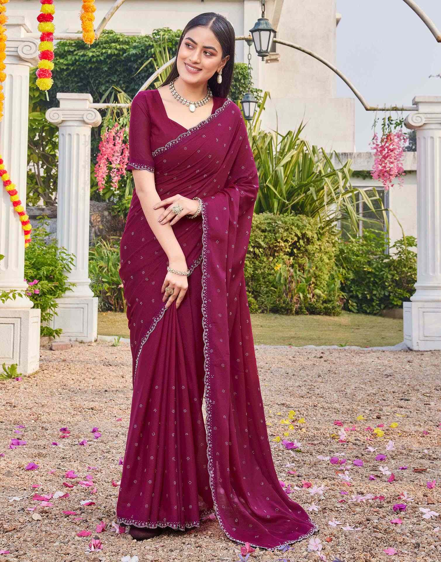 Rani Pink Shimmer Stone Work Swarovski Saree - Image 6