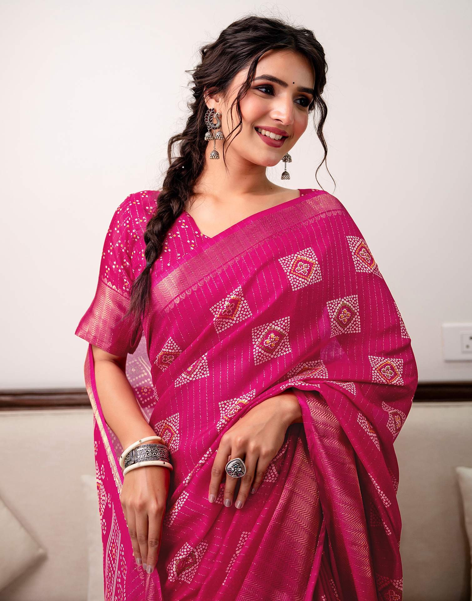 Rani Pink Silk Bandhani Printed Zari Stripe Saree