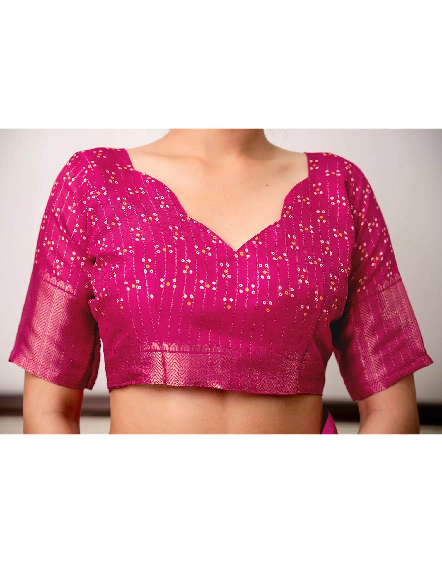 Rani Pink Silk Bandhani Printed Zari Stripe Saree - Image 11