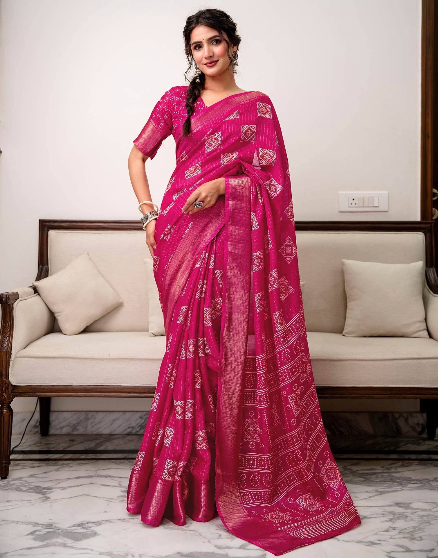 Rani Pink Silk Bandhani Printed Zari Stripe Saree - Image 2