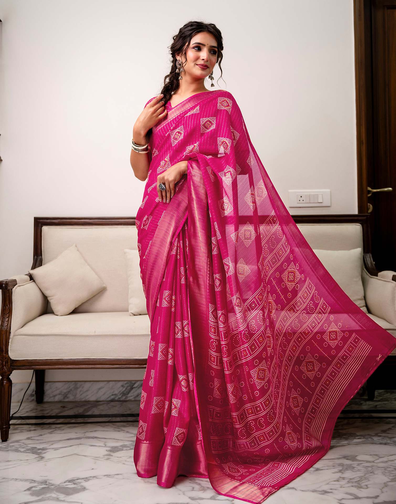 Rani Pink Silk Bandhani Printed Zari Stripe Saree - Image 4