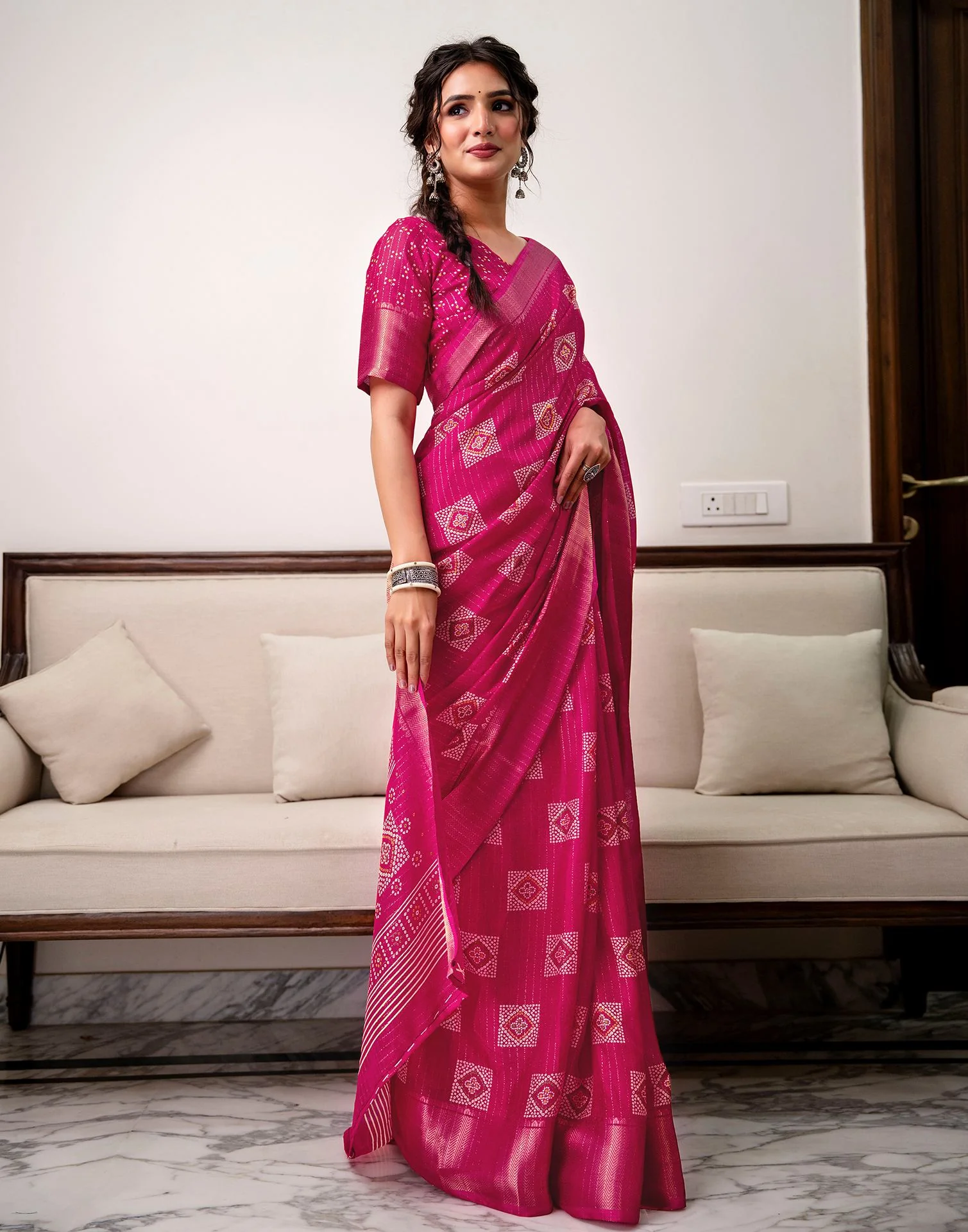 Rani Pink Silk Bandhani Printed Zari Stripe Saree - Image 5