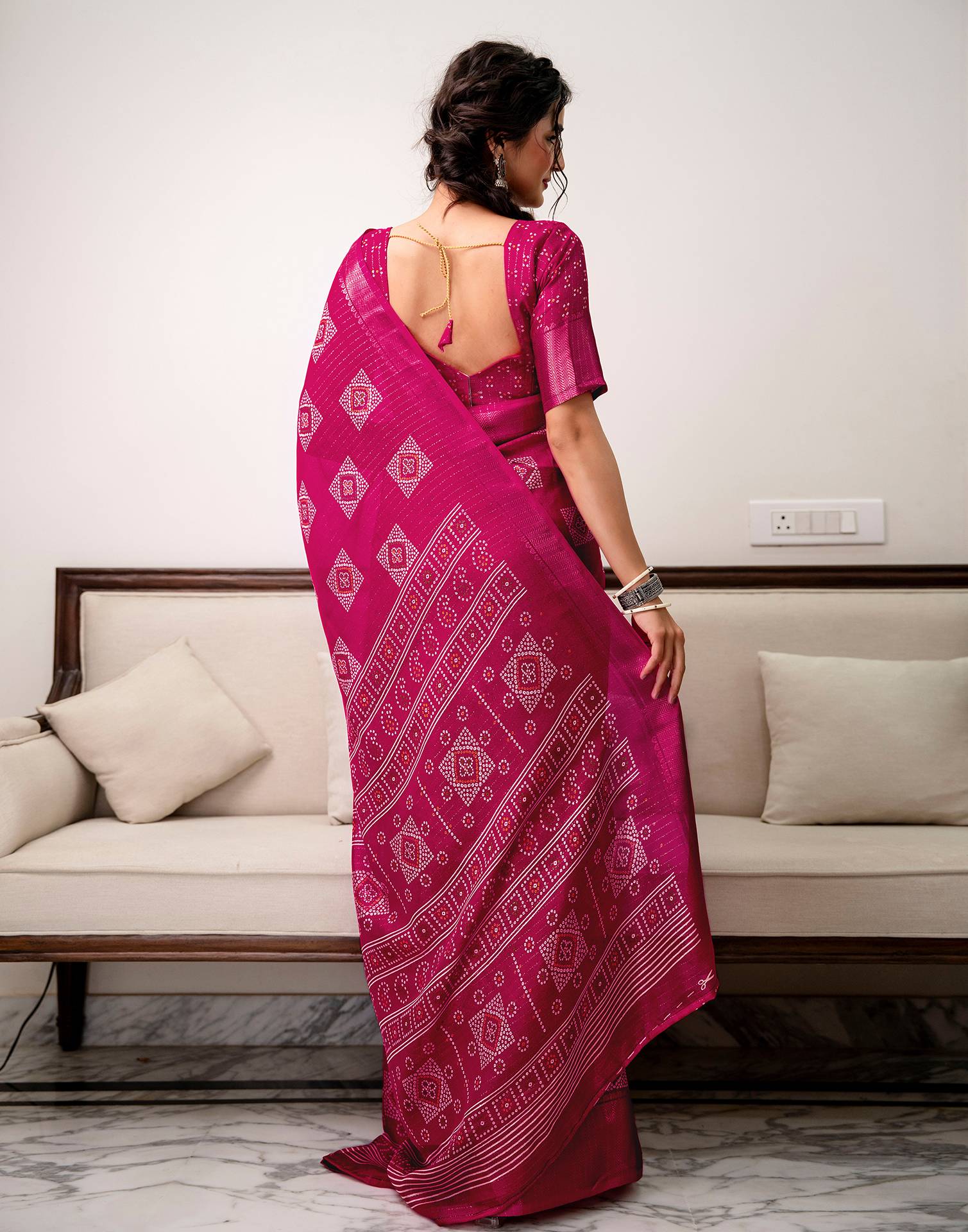Rani Pink Silk Bandhani Printed Zari Stripe Saree - Image 6