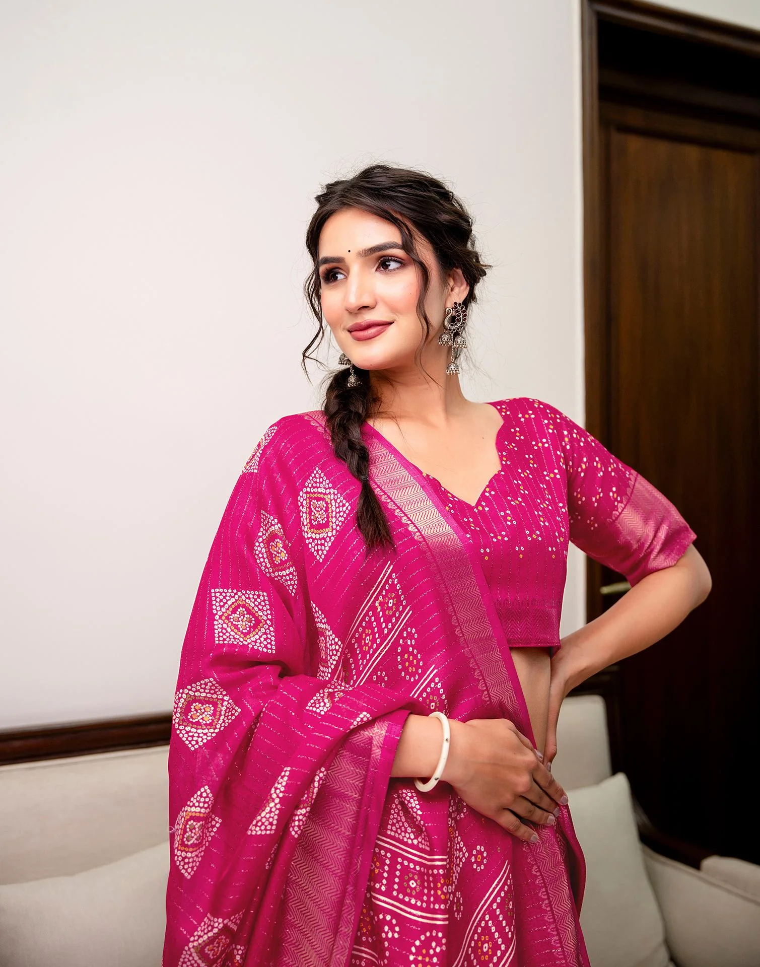 Rani Pink Silk Bandhani Printed Zari Stripe Saree - Image 7