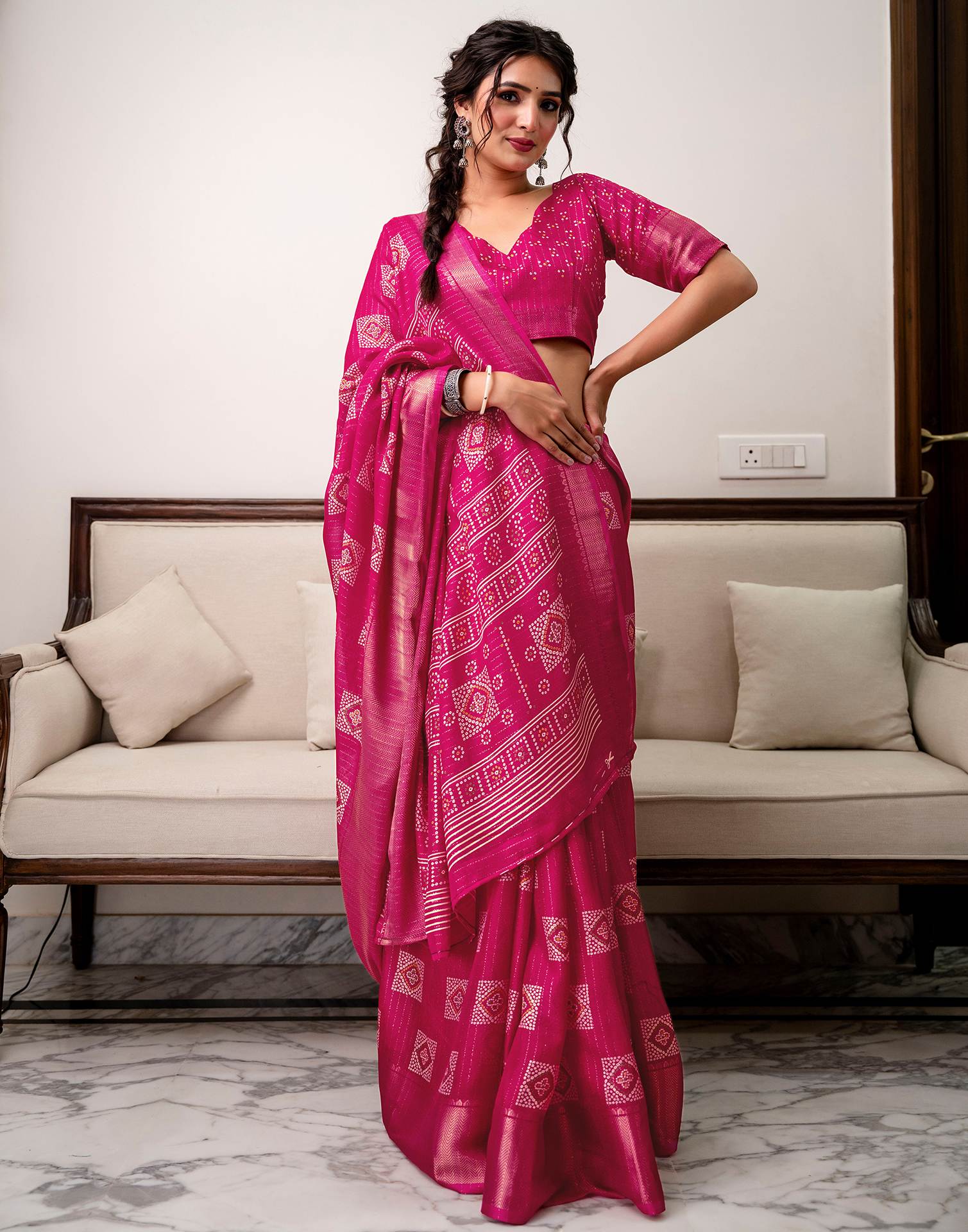 Rani Pink Silk Bandhani Printed Zari Stripe Saree - Image 8