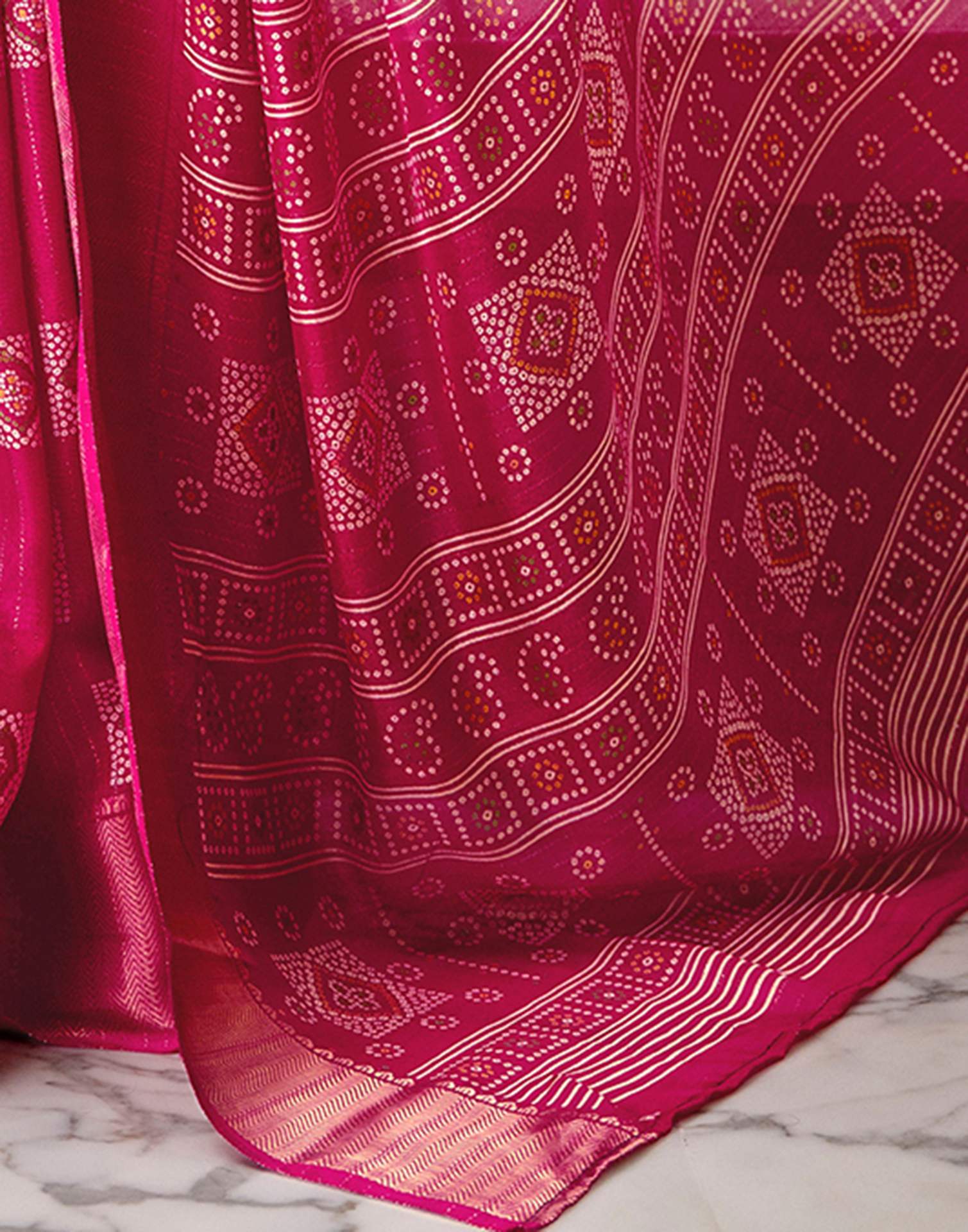 Rani Pink Silk Bandhani Printed Zari Stripe Saree - Image 9