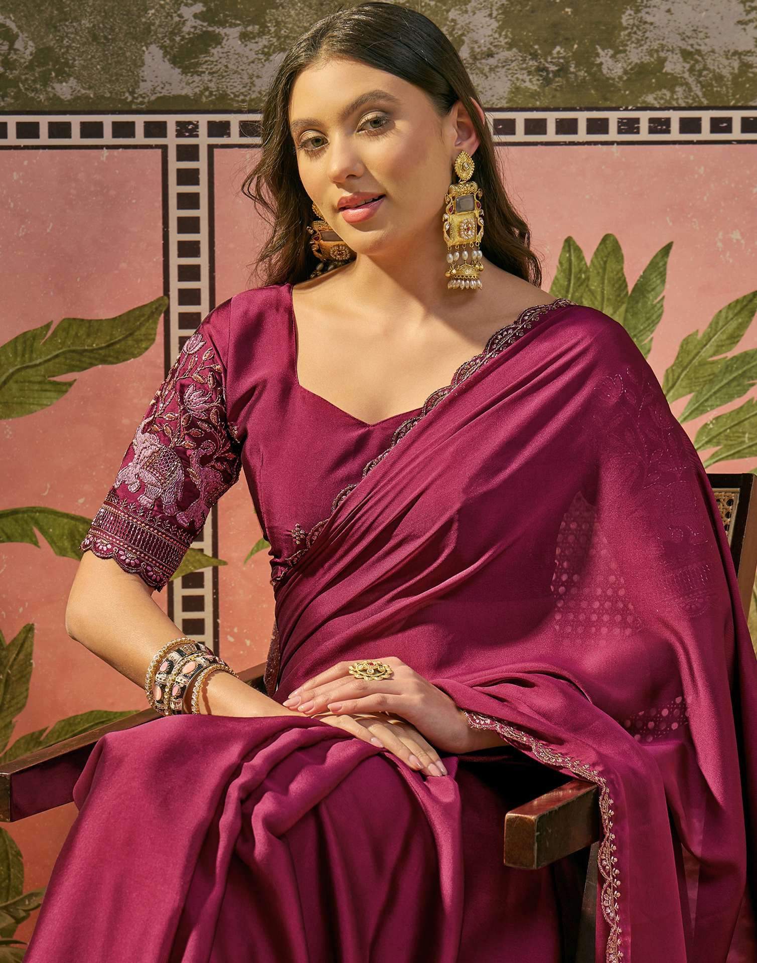 Rani Pink Silk Embroidery Saree - Image 2