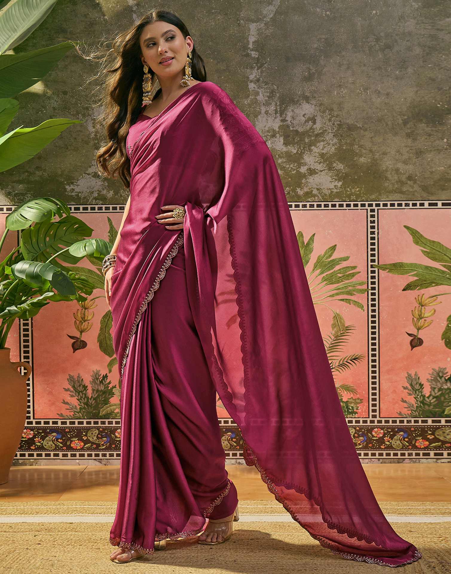 Rani Pink Silk Embroidery Saree - Image 4