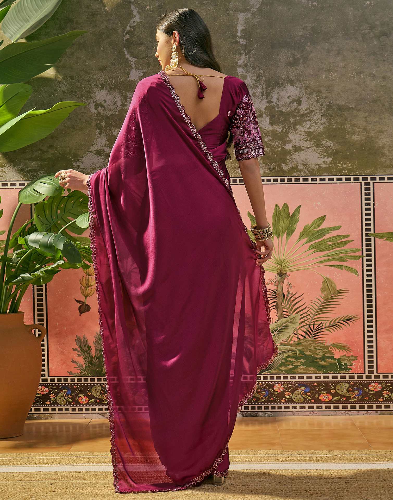 Rani Pink Silk Embroidery Saree - Image 6