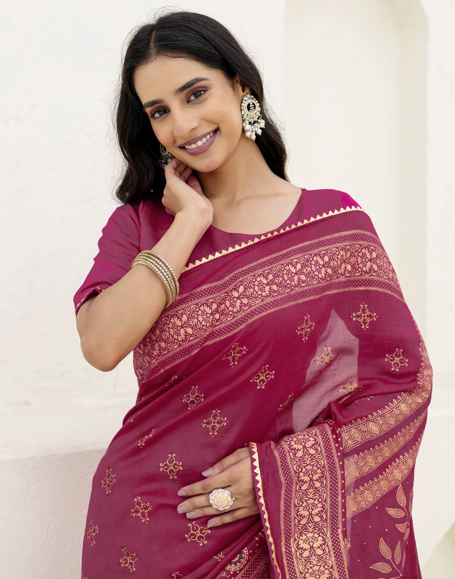 Rani Pink Silk Foil Printed Saree - Image 2