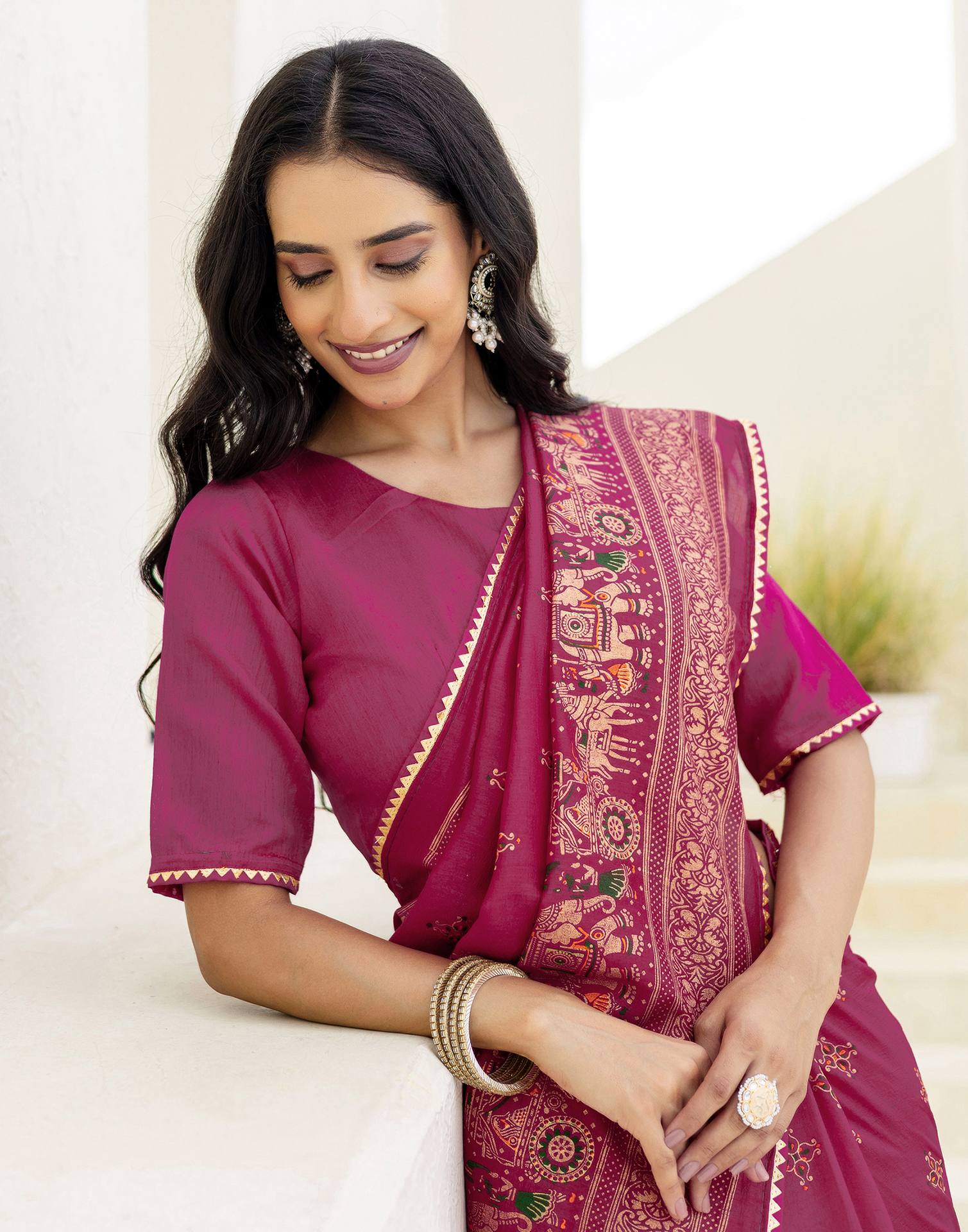 Rani Pink Silk Foil Printed Saree - Image 4