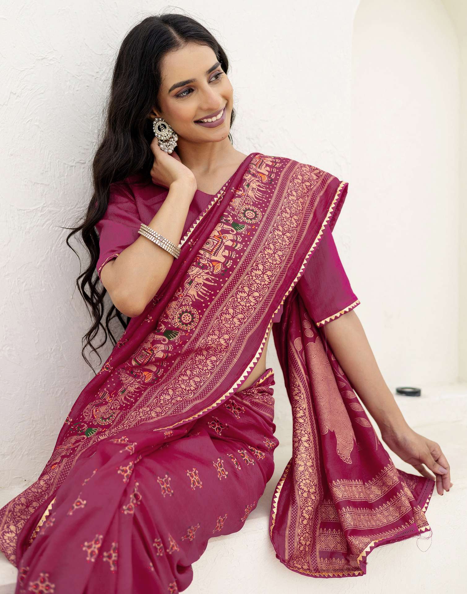 Rani Pink Silk Foil Printed Saree - Image 5