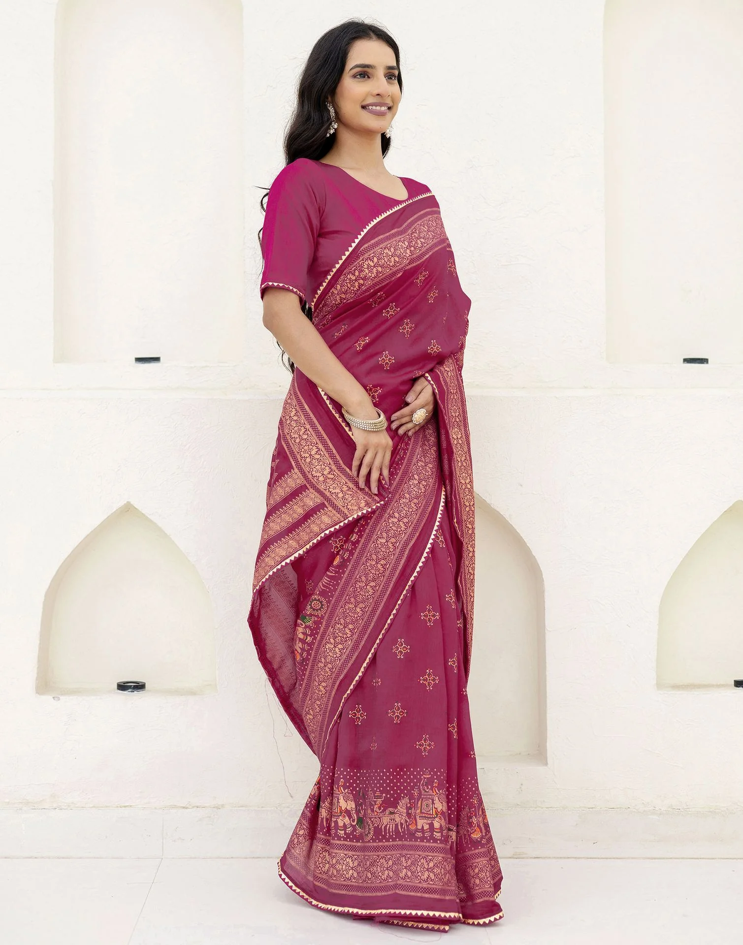 Rani Pink Silk Foil Printed Saree - Image 6