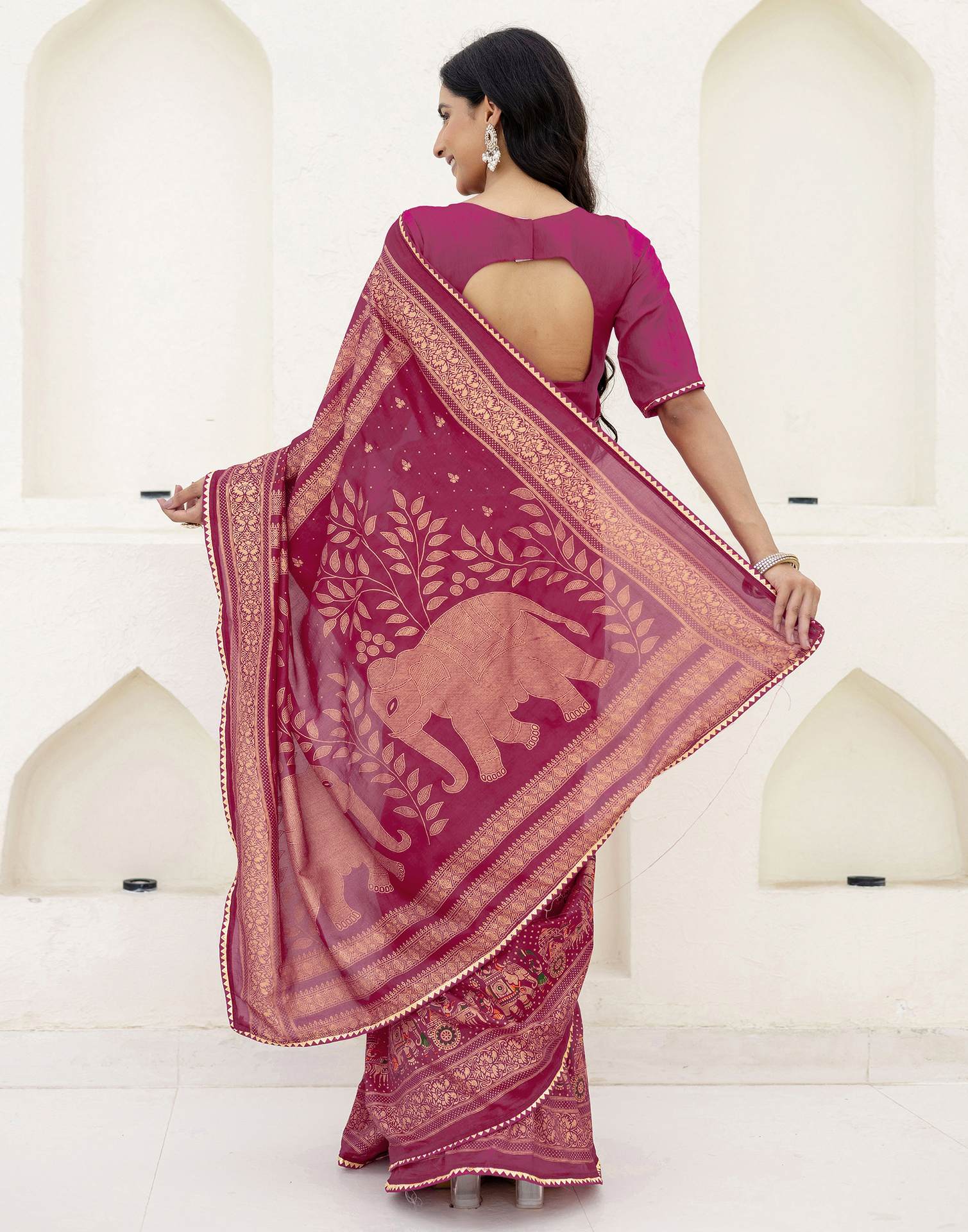 Rani Pink Silk Foil Printed Saree - Image 8