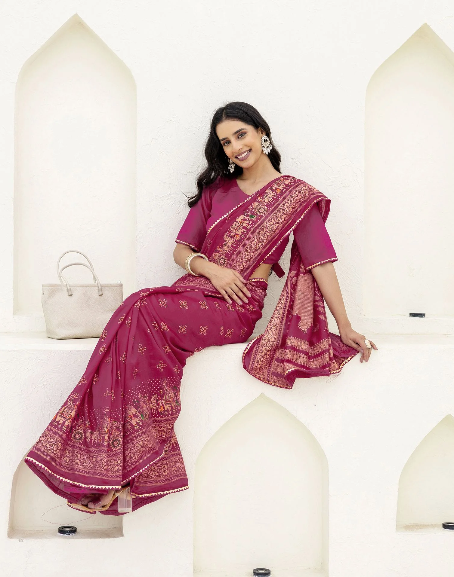Rani Pink Silk Foil Printed Saree - Image 9