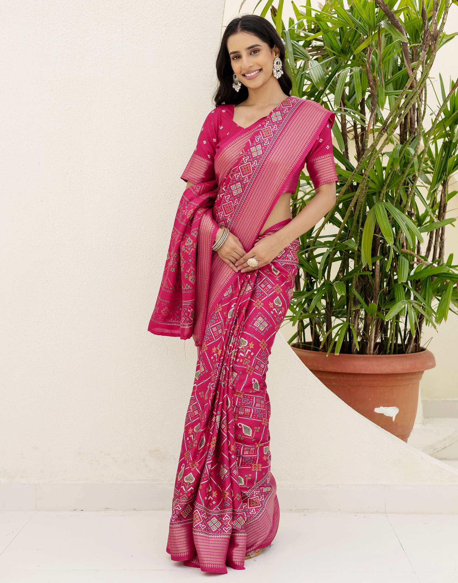 Rani Pink Silk Printed Patola Saree - Image 10