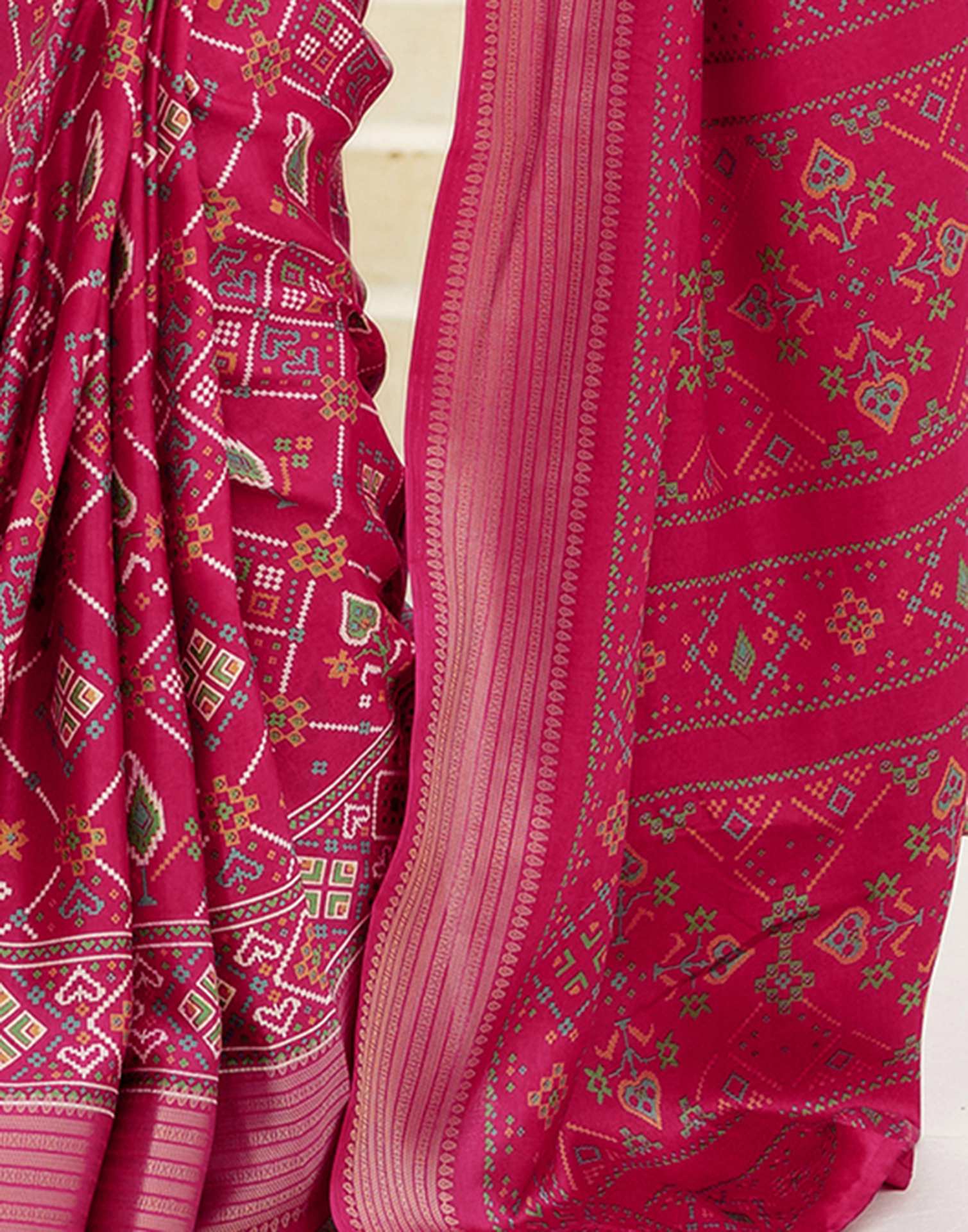 Rani Pink Silk Printed Patola Saree - Image 15