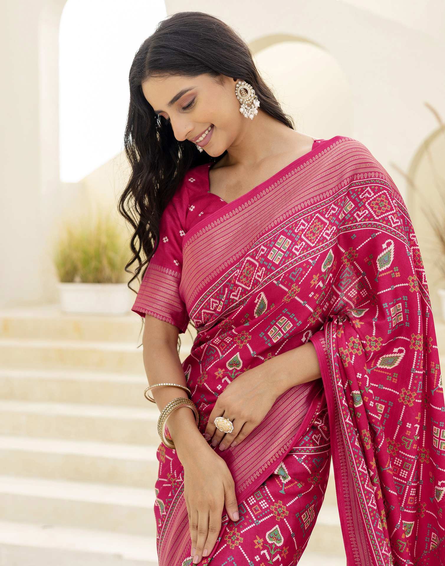 Rani Pink Silk Printed Patola Saree - Image 2
