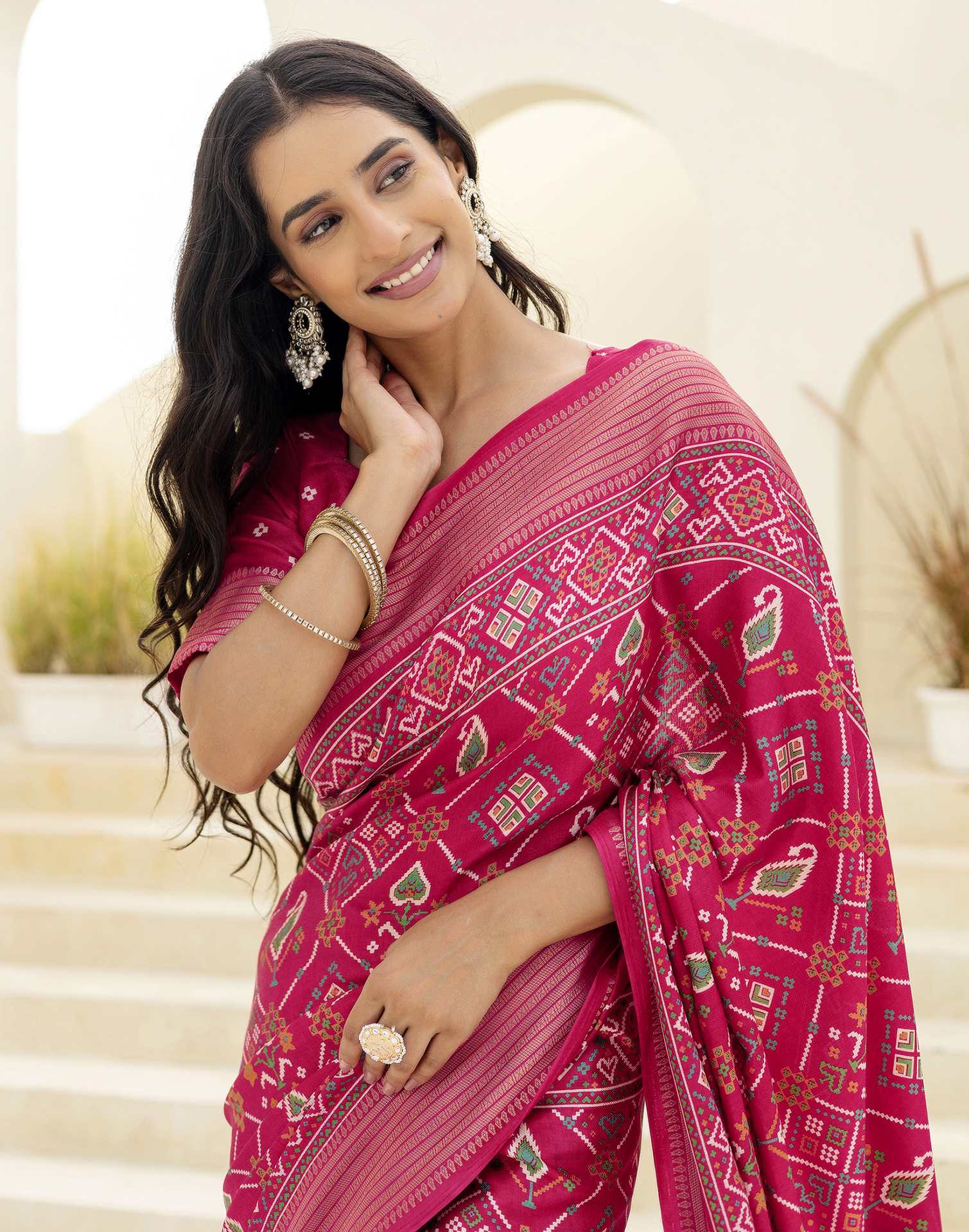 Rani Pink Silk Printed Patola Saree - Image 4