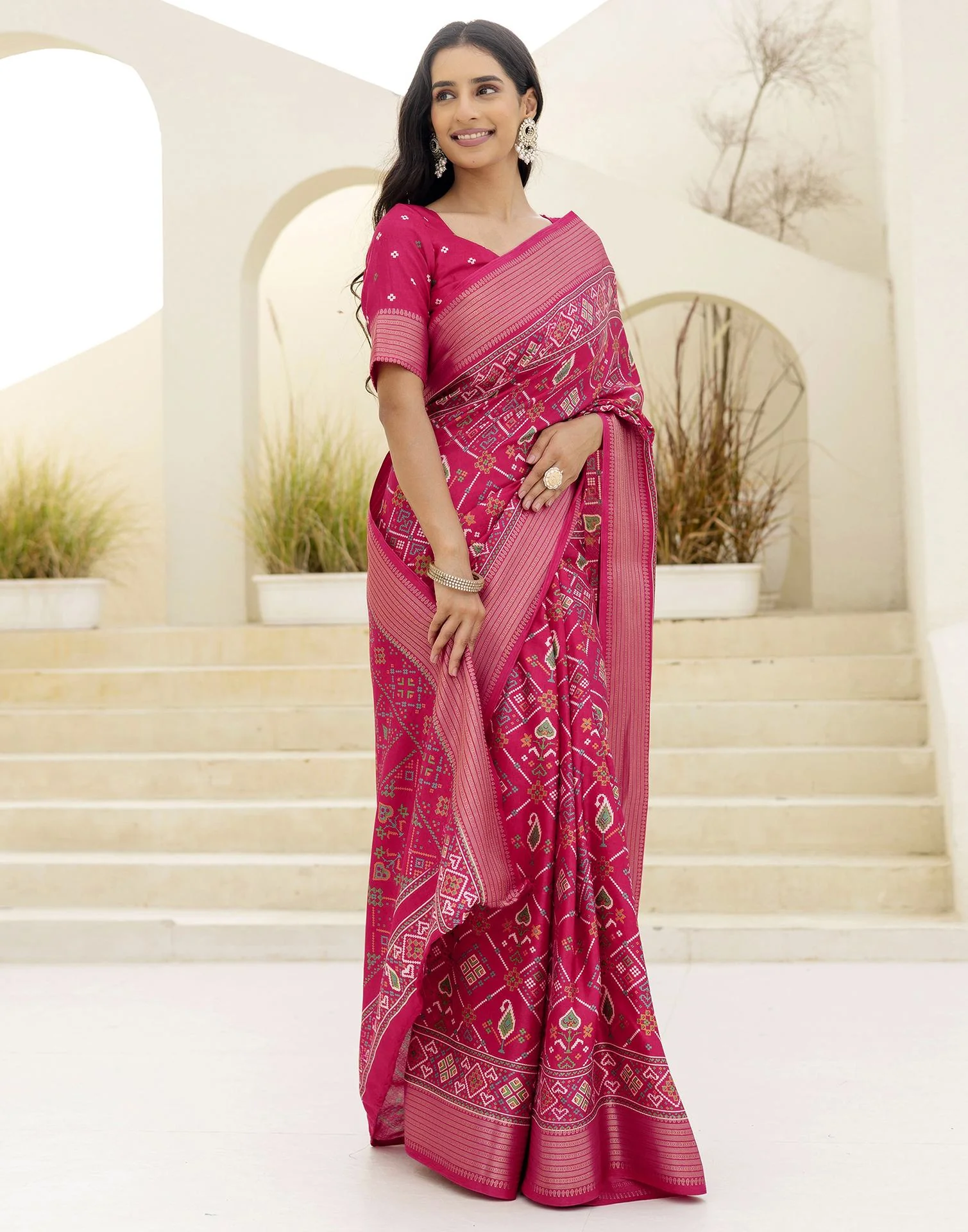 Rani Pink Silk Printed Patola Saree - Image 7