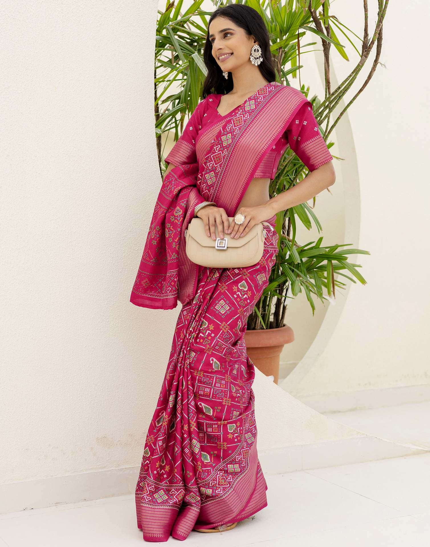 Rani Pink Silk Printed Patola Saree - Image 9