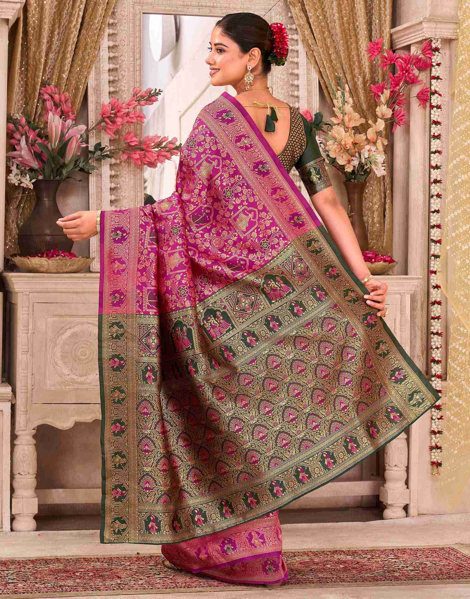 Rani Pink Silk Woven Baluchari Saree - Image 6