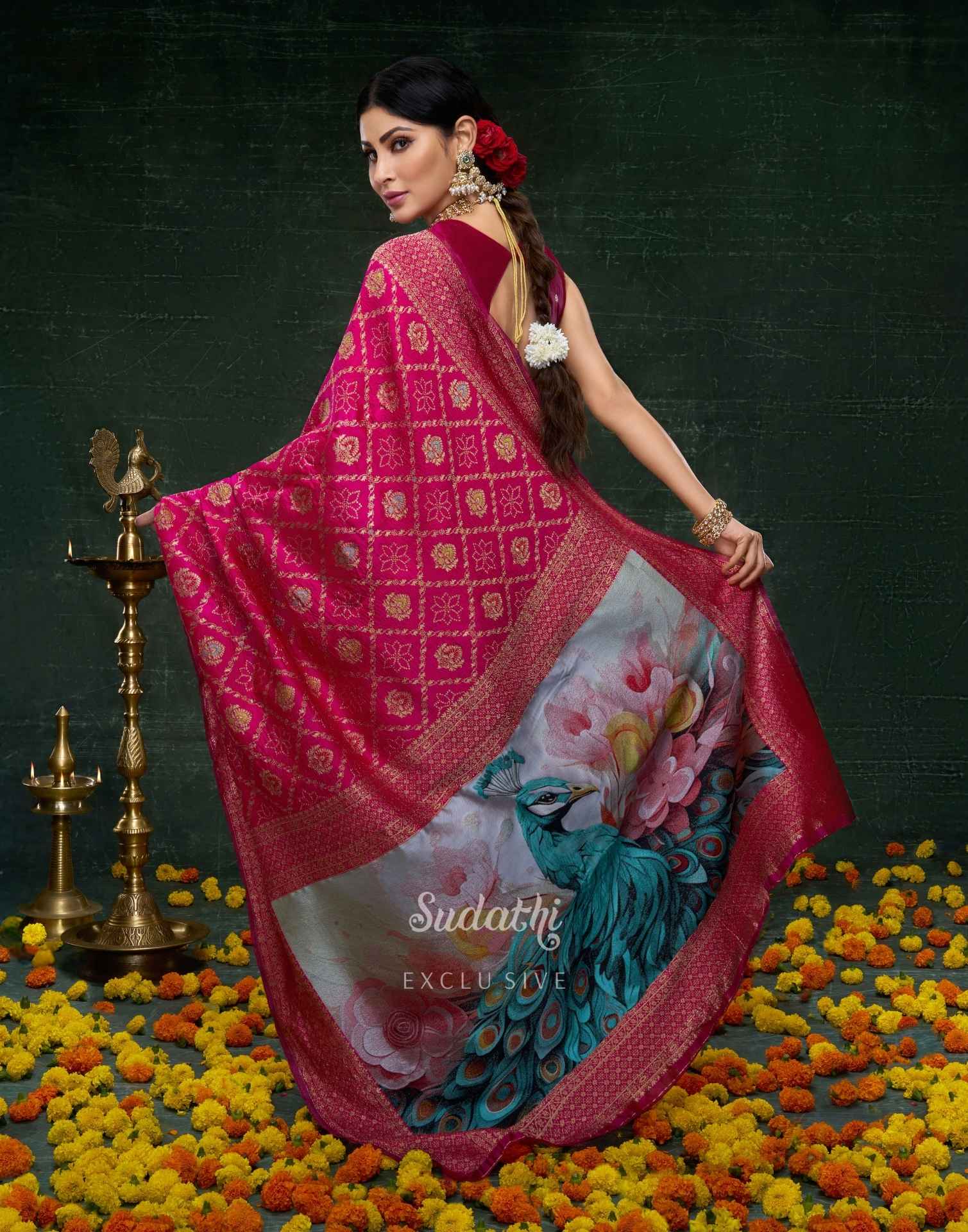 Mouni Roy Rani Pink Peacock Banarasi Saree - Image 3