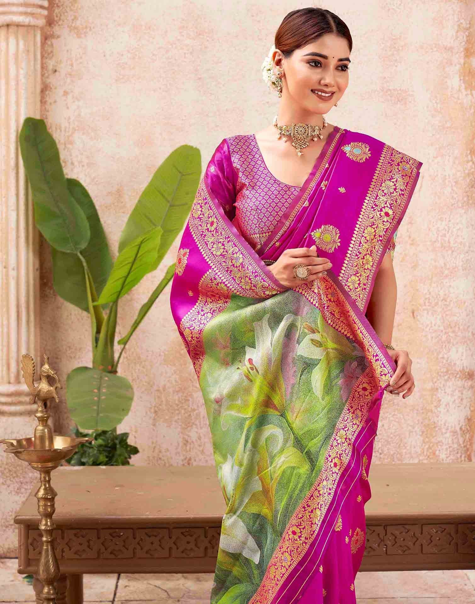 Rani Pink Silk Woven Banarasi Saree - Image 2