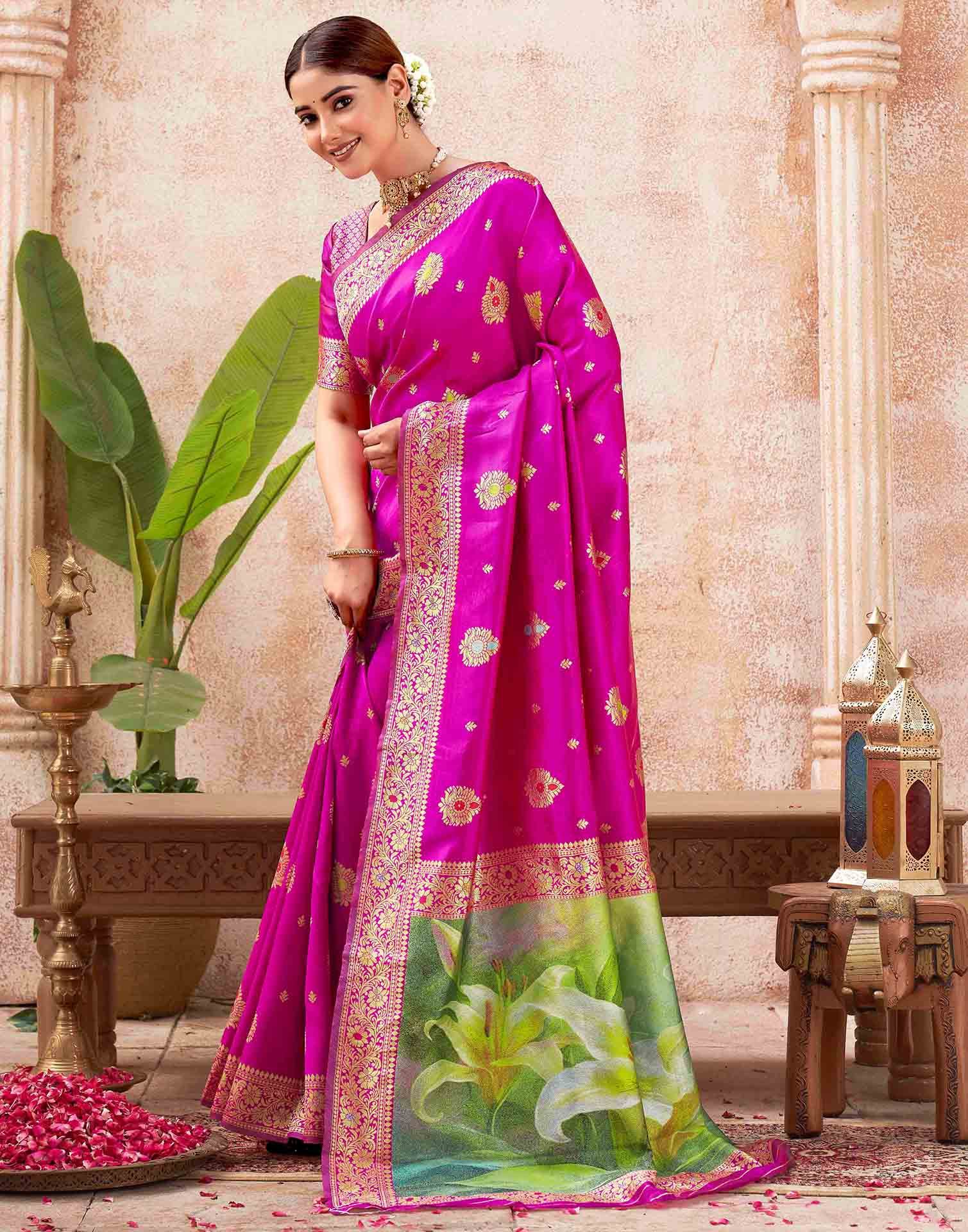 Rani Pink Silk Woven Banarasi Saree - Image 4