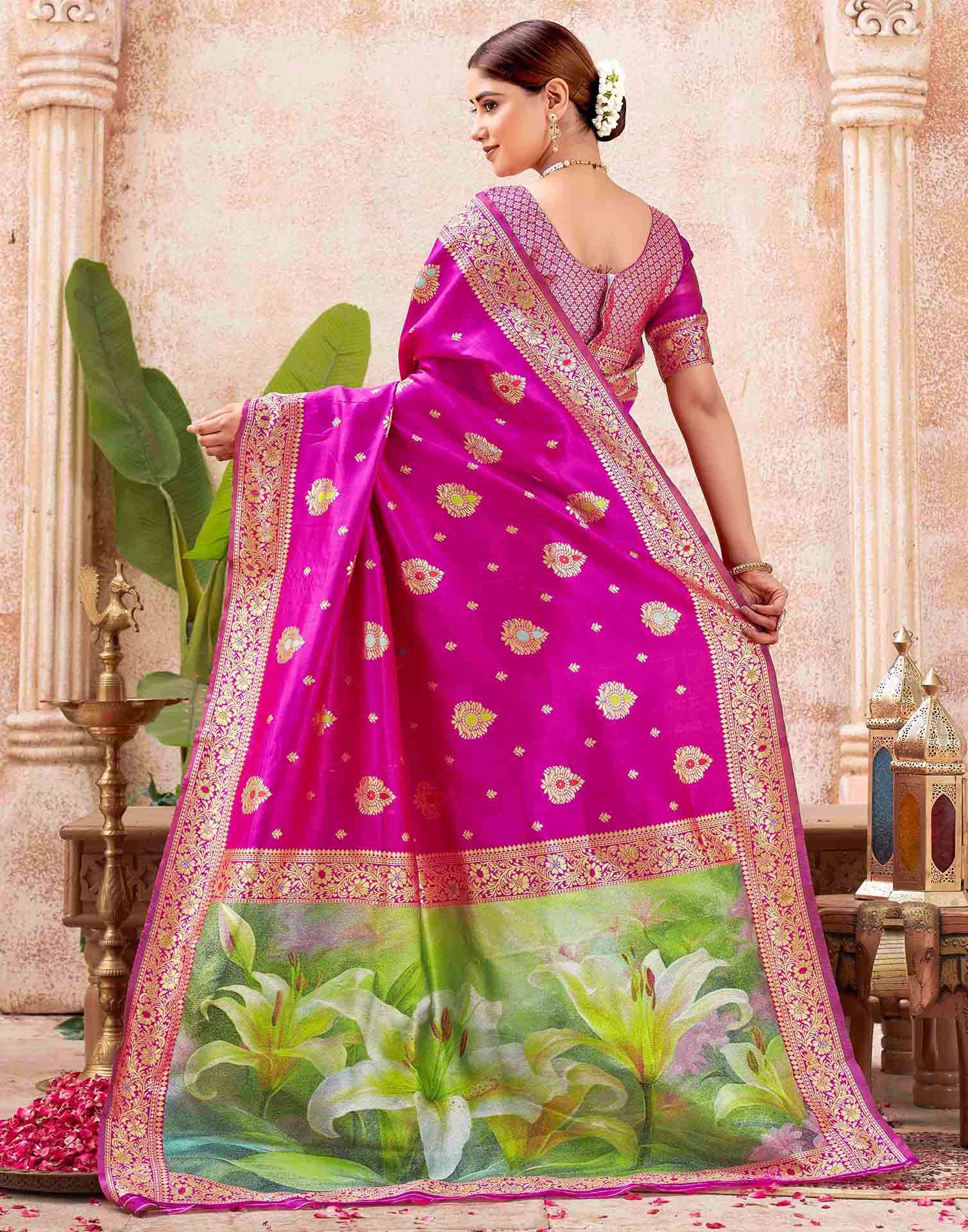 Rani Pink Silk Woven Banarasi Saree - Image 6