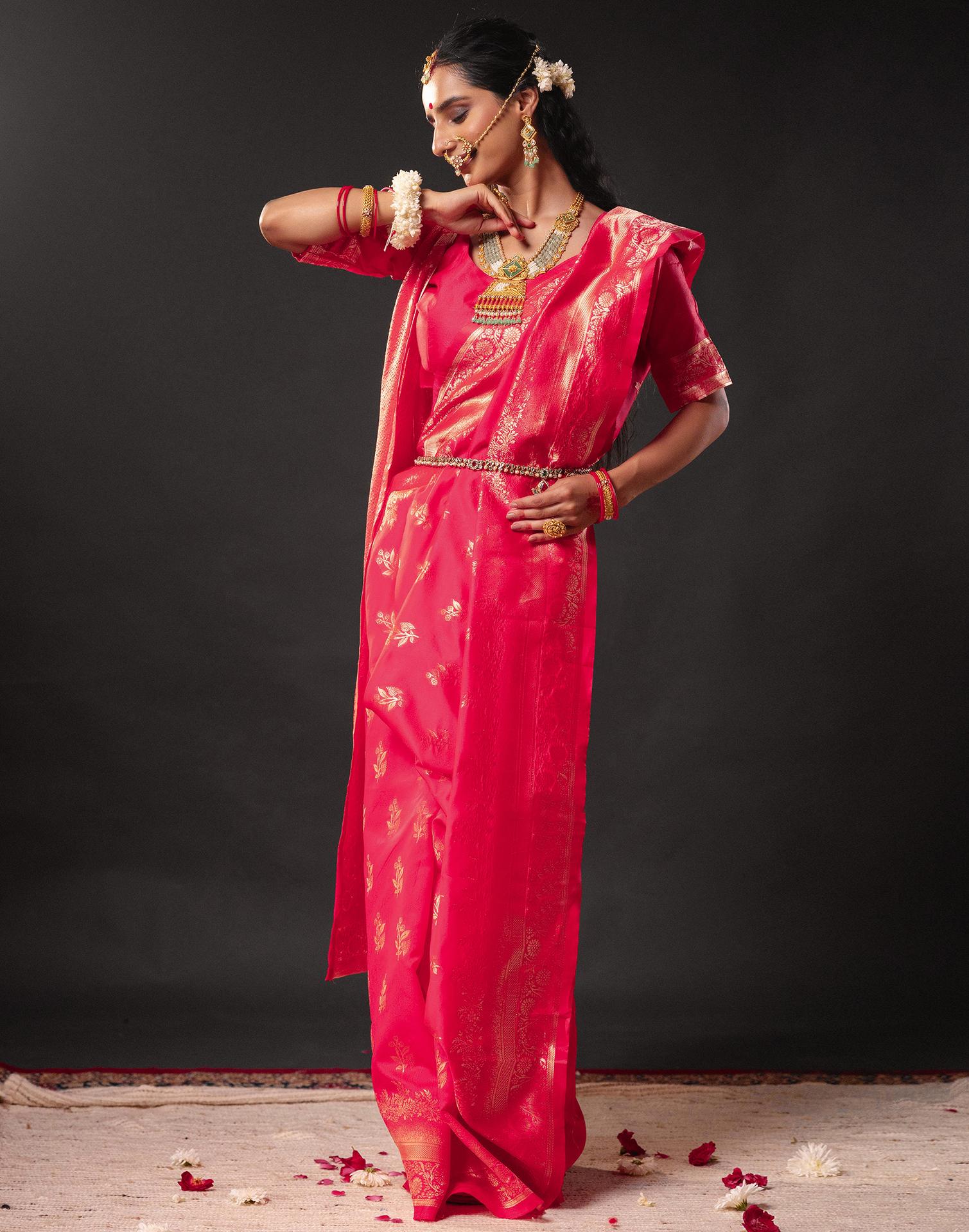 Rani Pink Silk Woven Banarasi Durga Puja Saree - Image 6