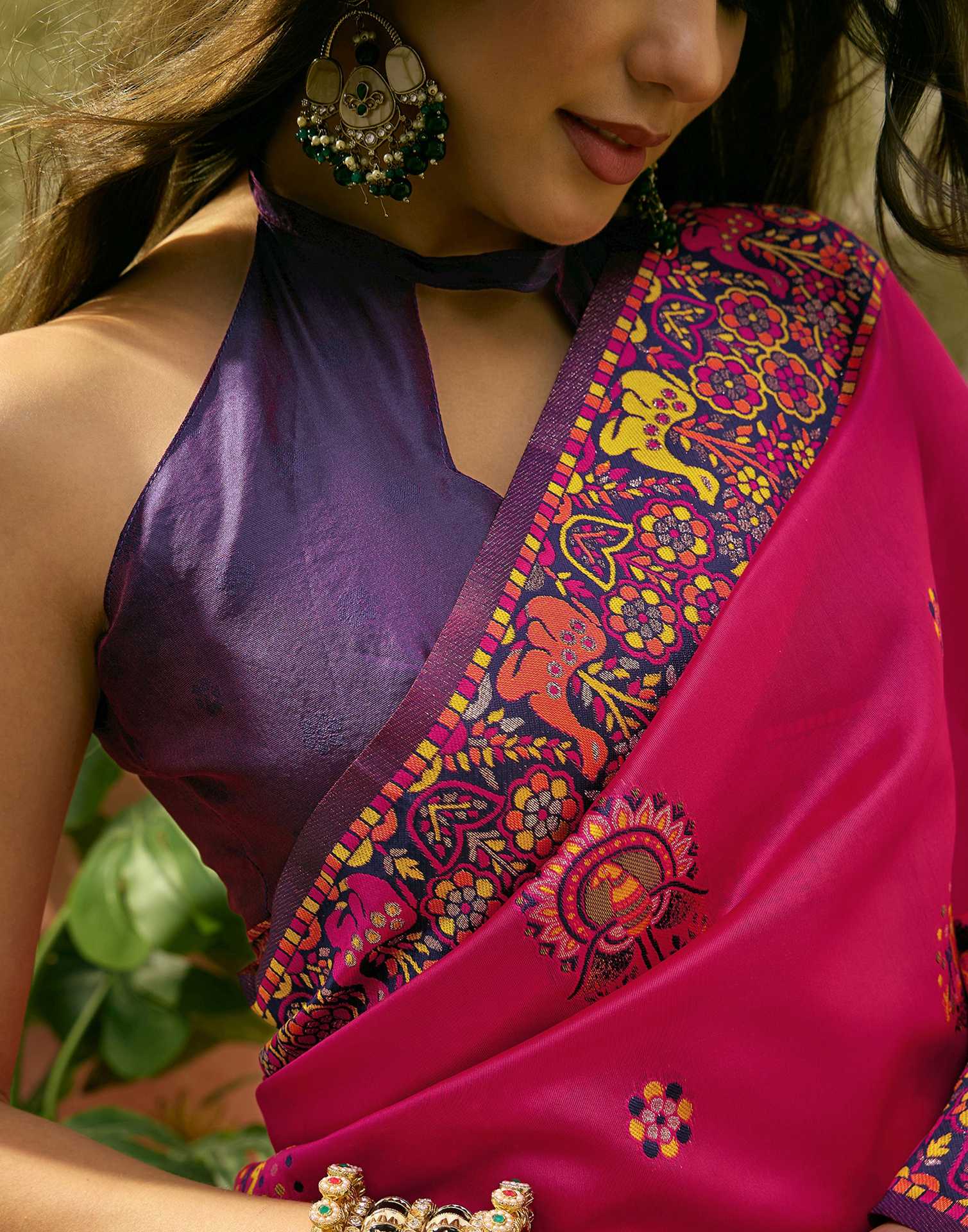 Rani Pink Silk Woven Kalamkari Saree - Image 2