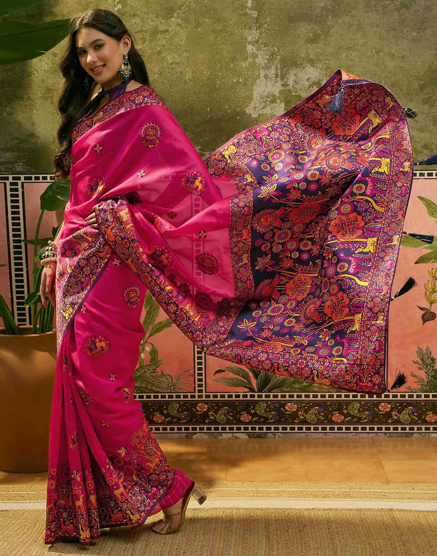 Rani Pink Silk Woven Kalamkari Saree - Image 5